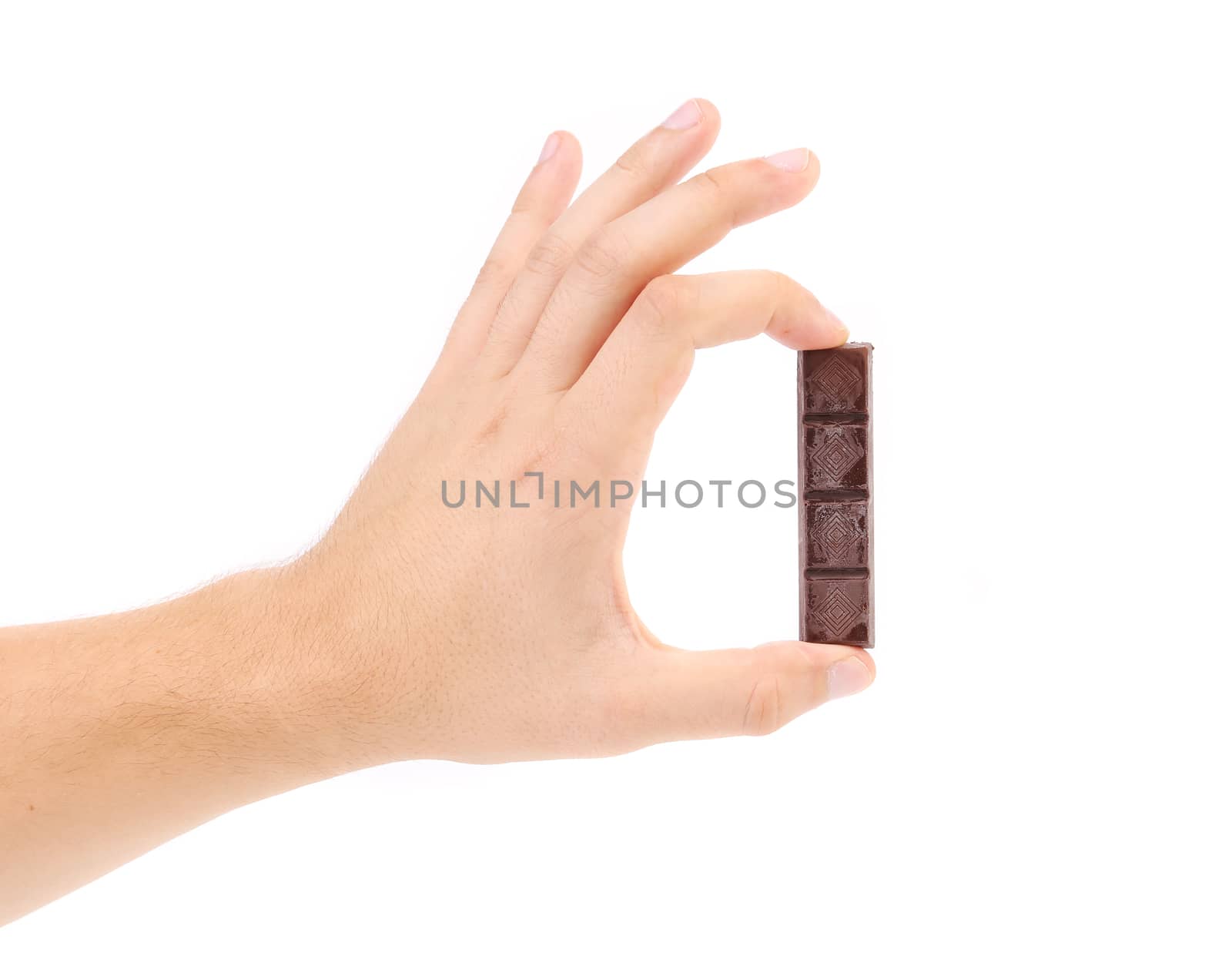 Hand hold three pieces of chocolate. Isolated. On a white background.