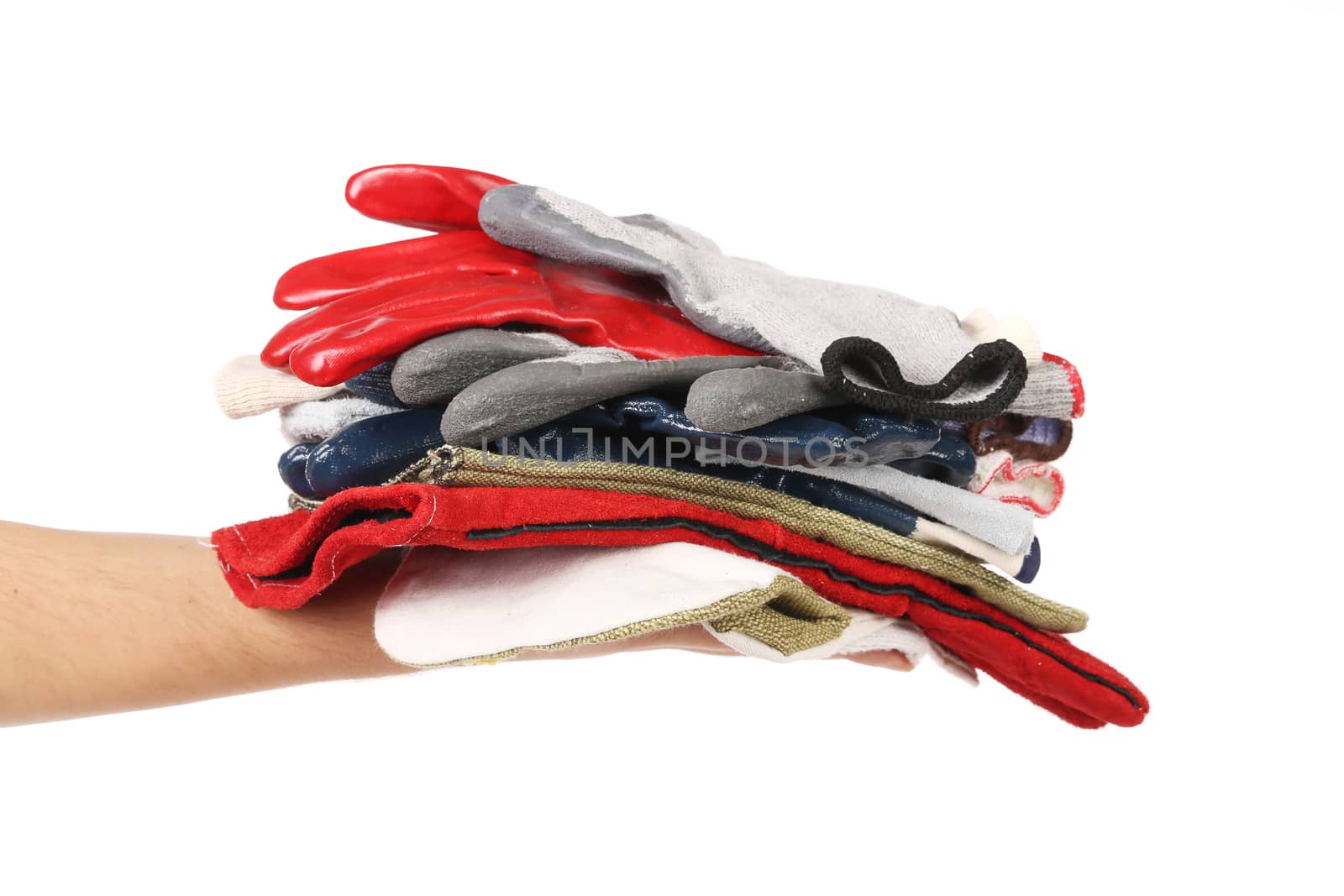 Rubber gloves in stack on a hand. Isolated on a white background.