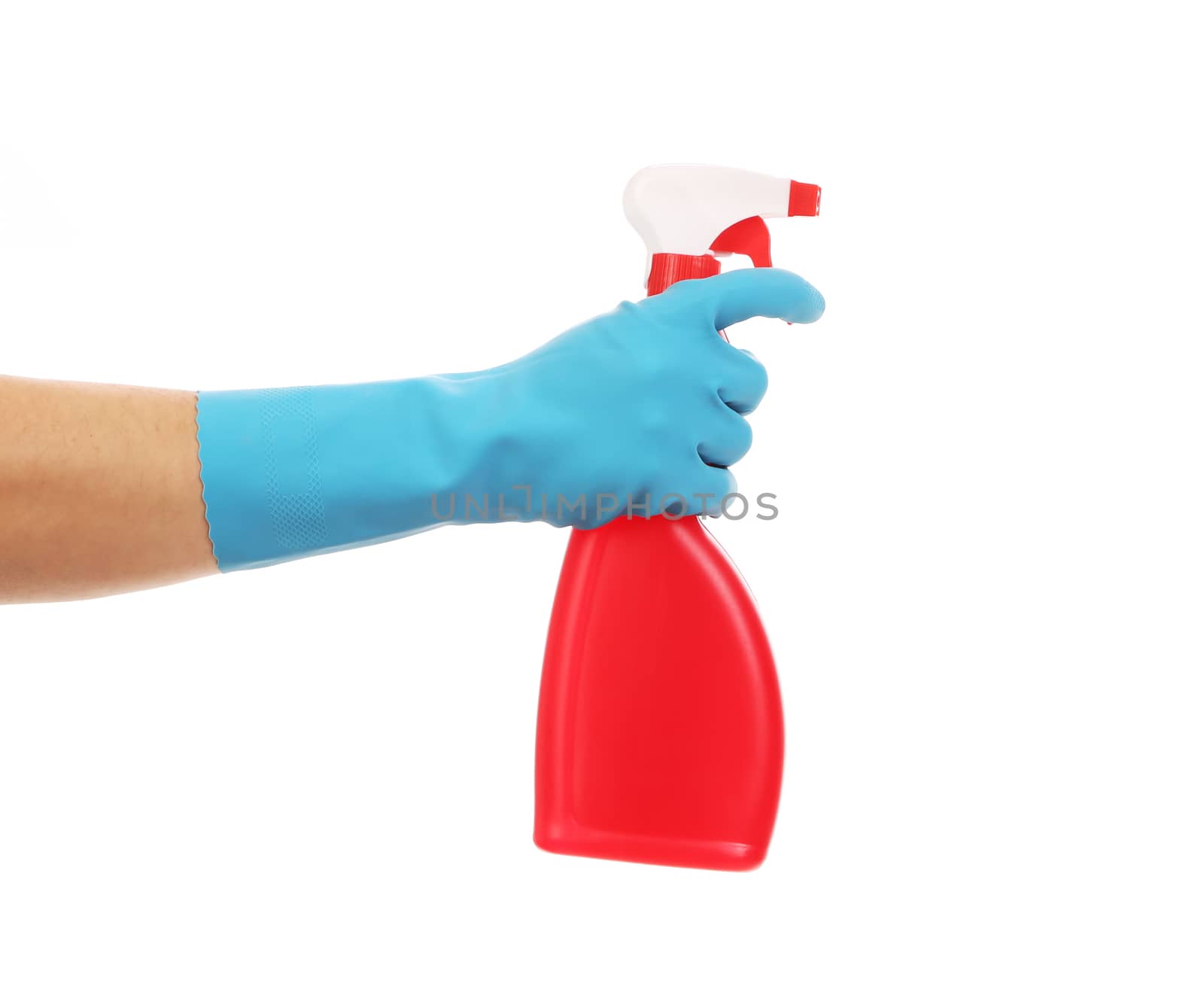 Hand in glove holding red plastic spray bottle. Isolated on a white background.
