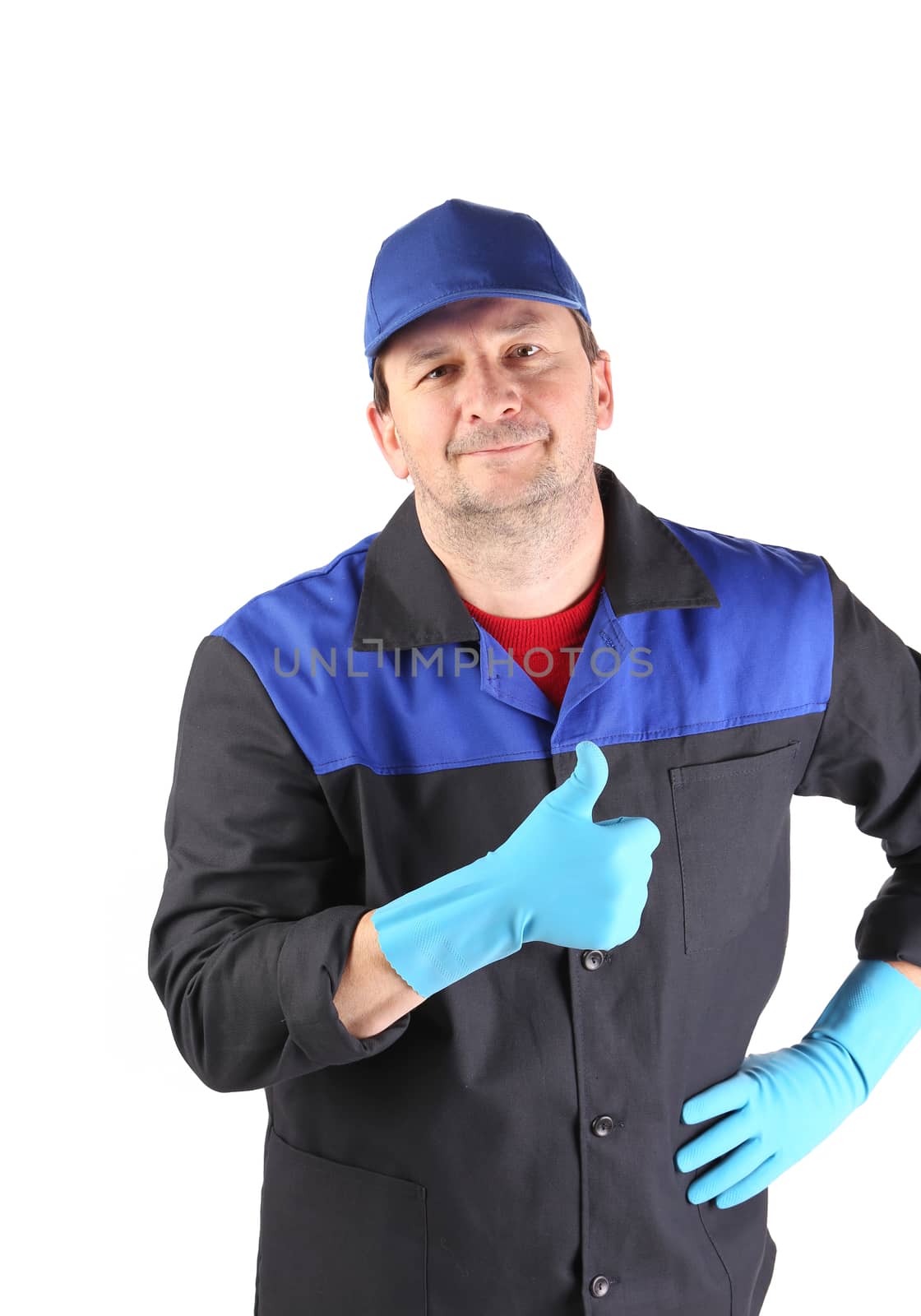 Cleaner showing thumbs up. Isolated on a white background.