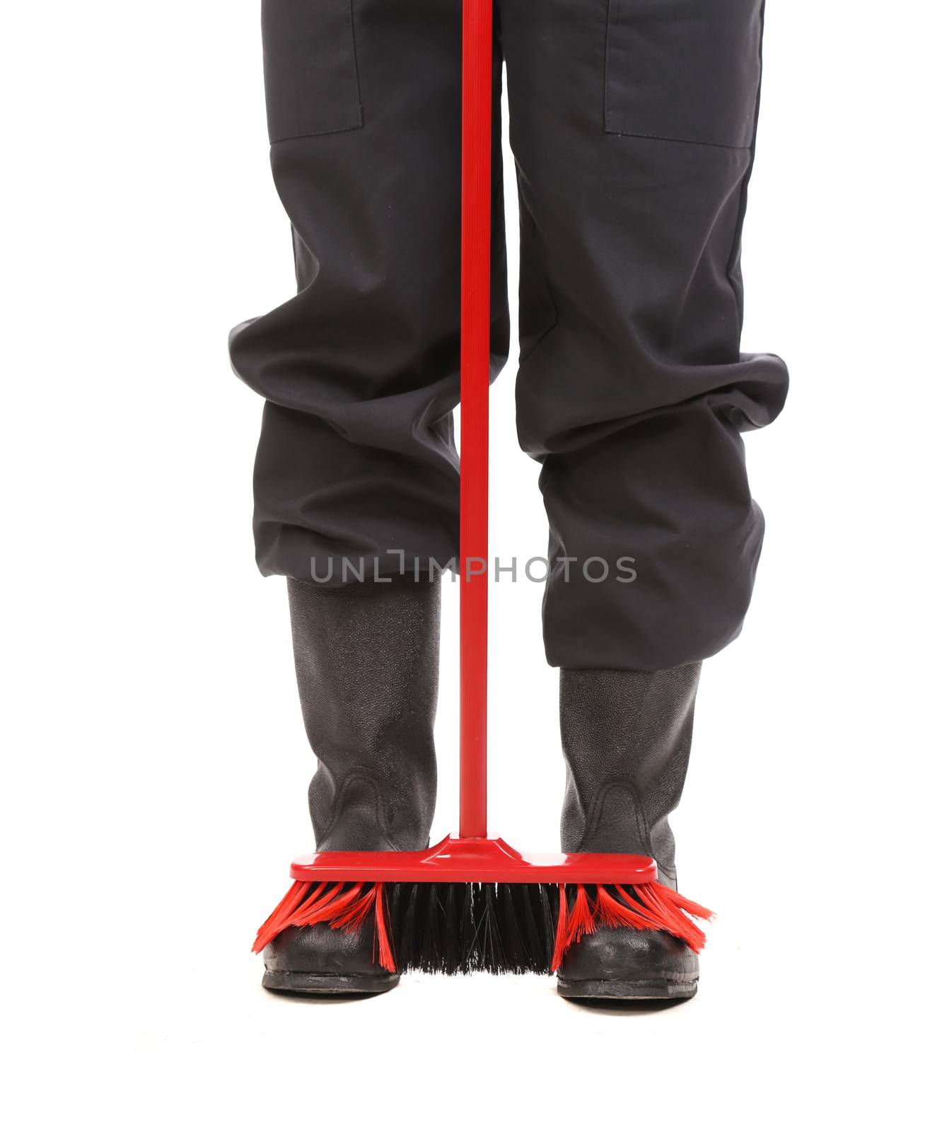 Legs and red mop. Isolated on a white background.