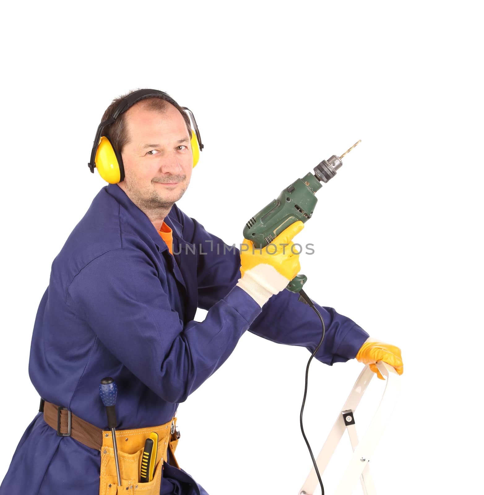 Worker standing with green drill.  Isolated on a white background.