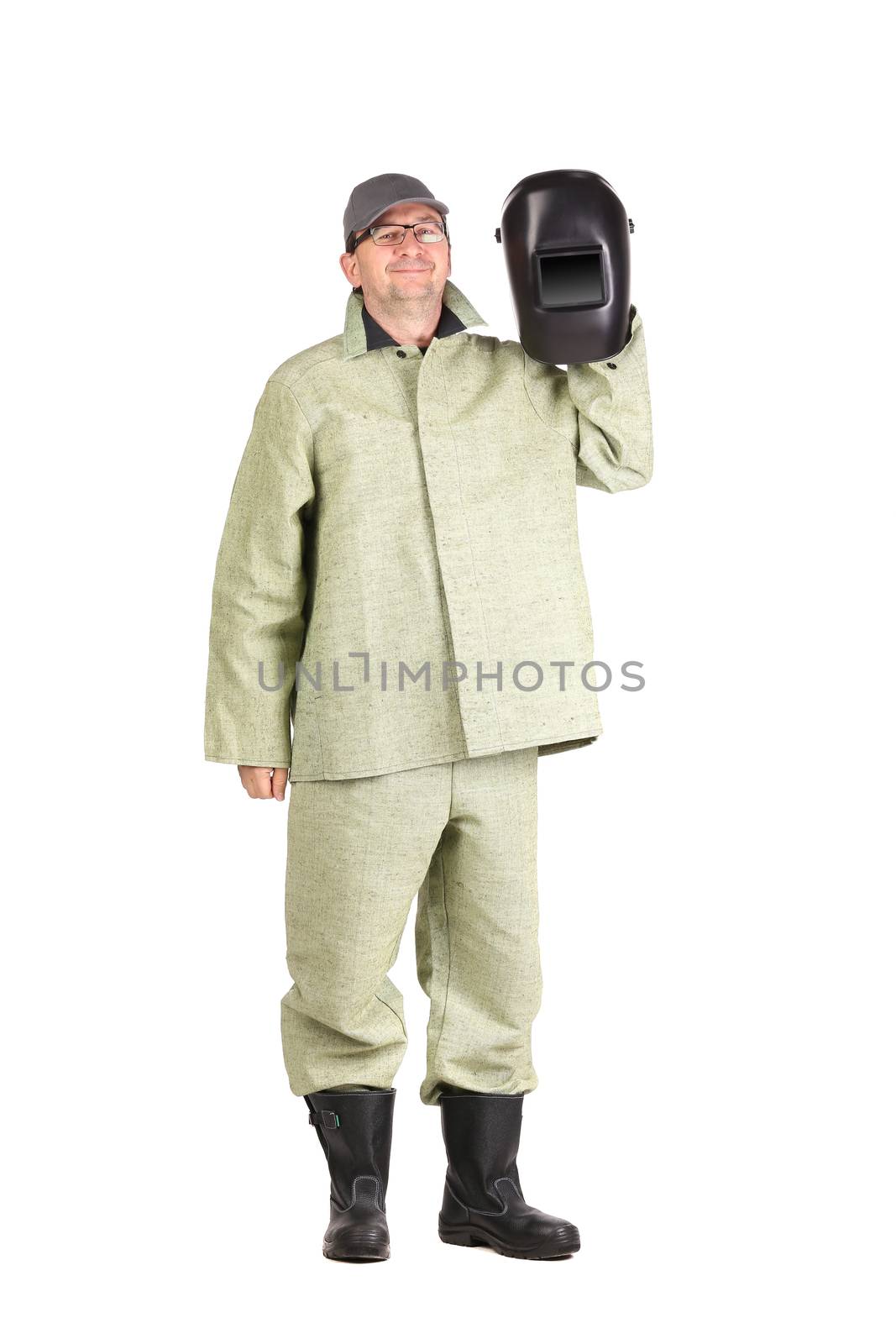 Welder with black mask. Isolated on a white background.