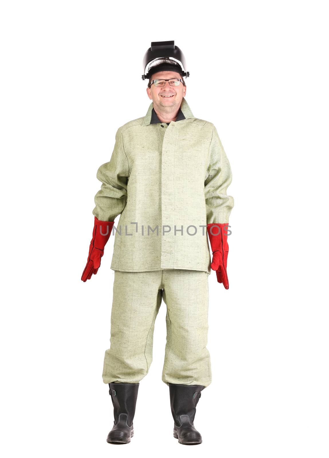 Smiling welder in mask. Isolated on a white background.