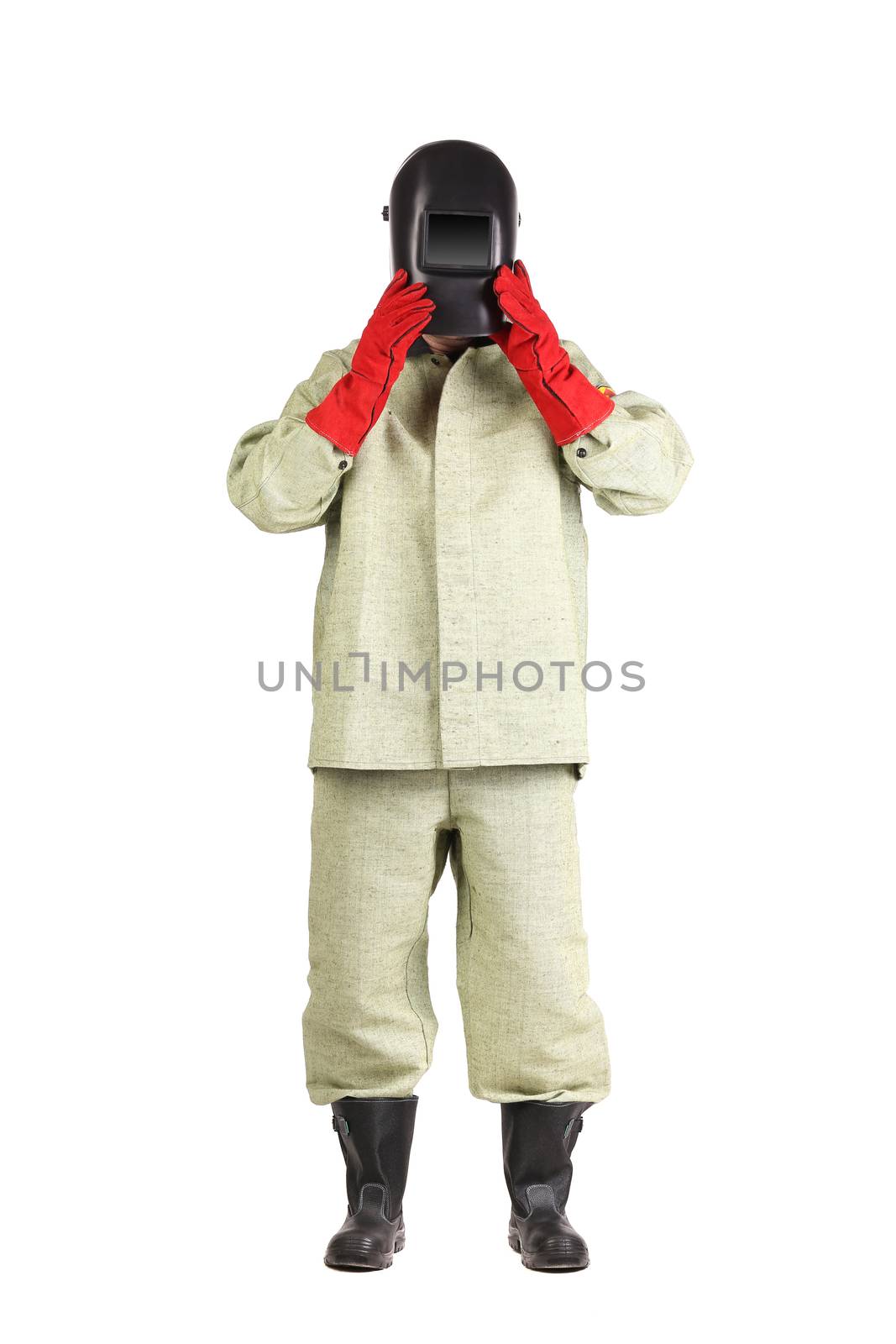 Welder holding mask. Isolated on a white background.