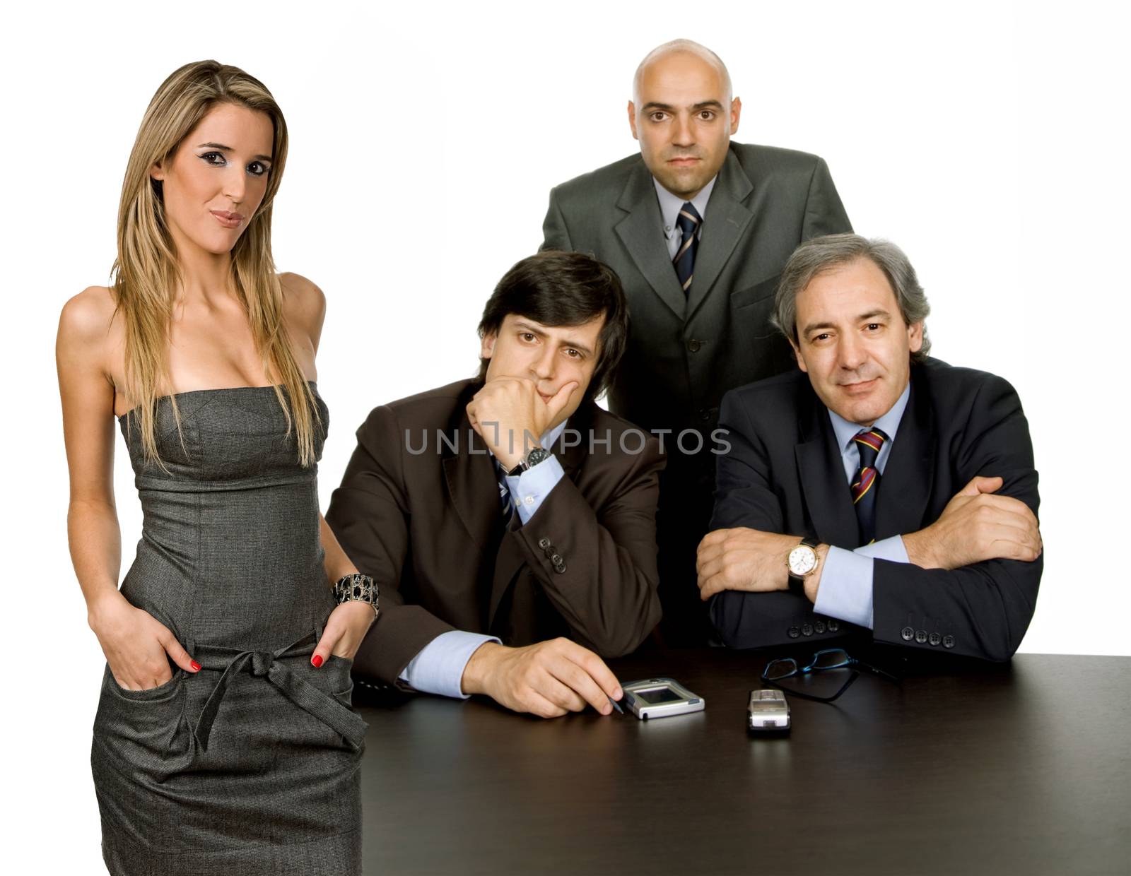 woman boss and a group of workers on a desk, isolated on white