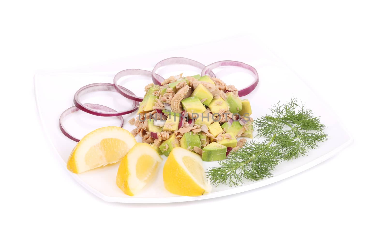 Avocado salad with tuna. Isolated on a white background.