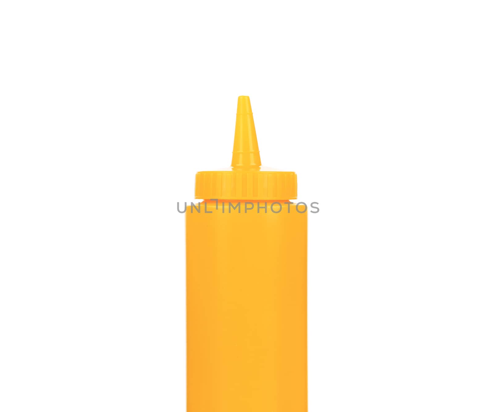 Yellow plastic container for sauce. Isolated on a white background.