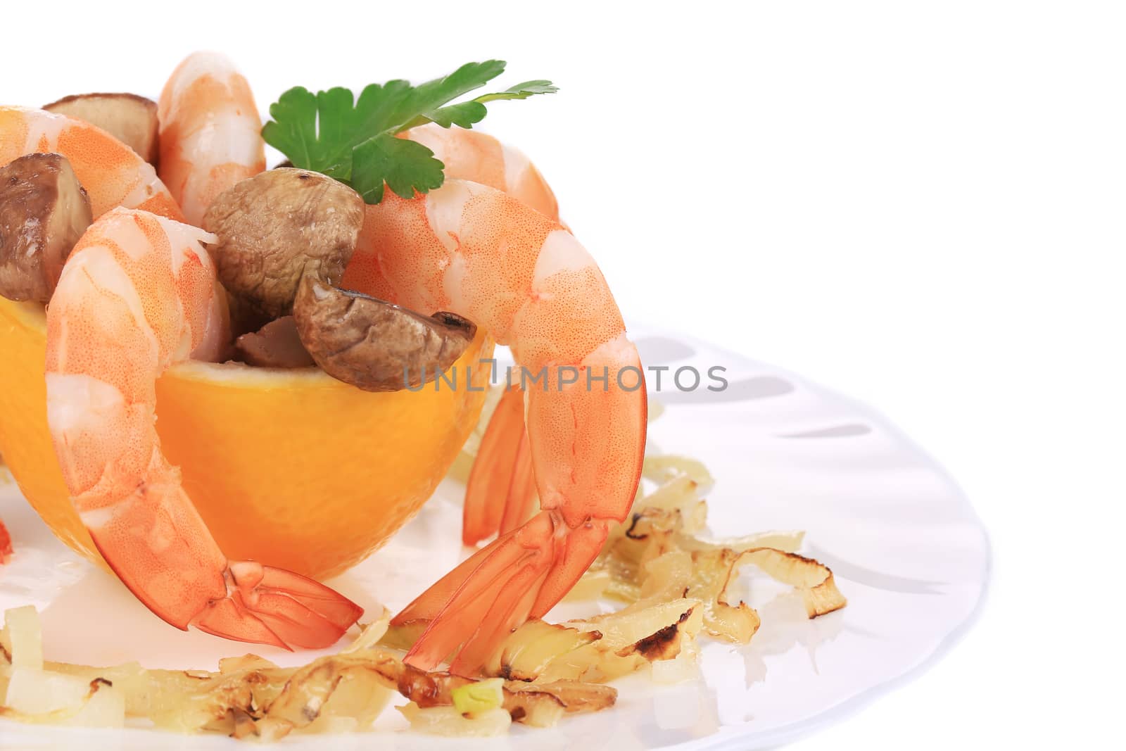 Shrimp salad with mushrooms. Isolated on a white background.