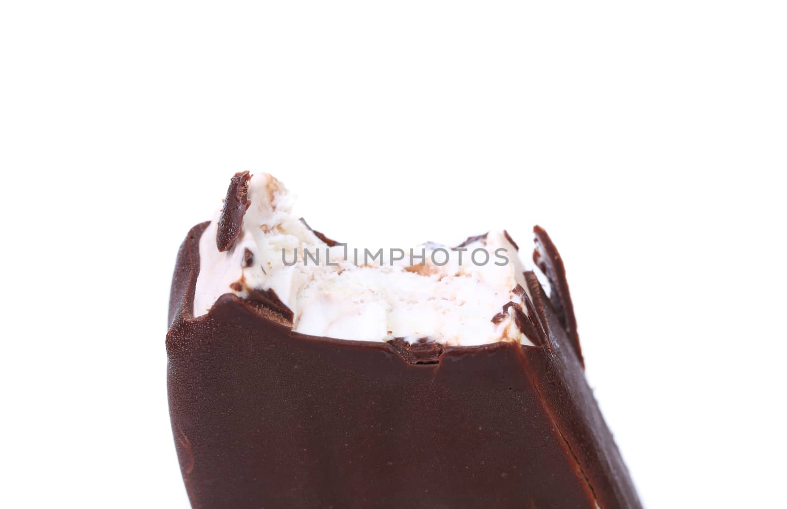 Bitten chocolate vanilla ice cream. Isolated on a white background.