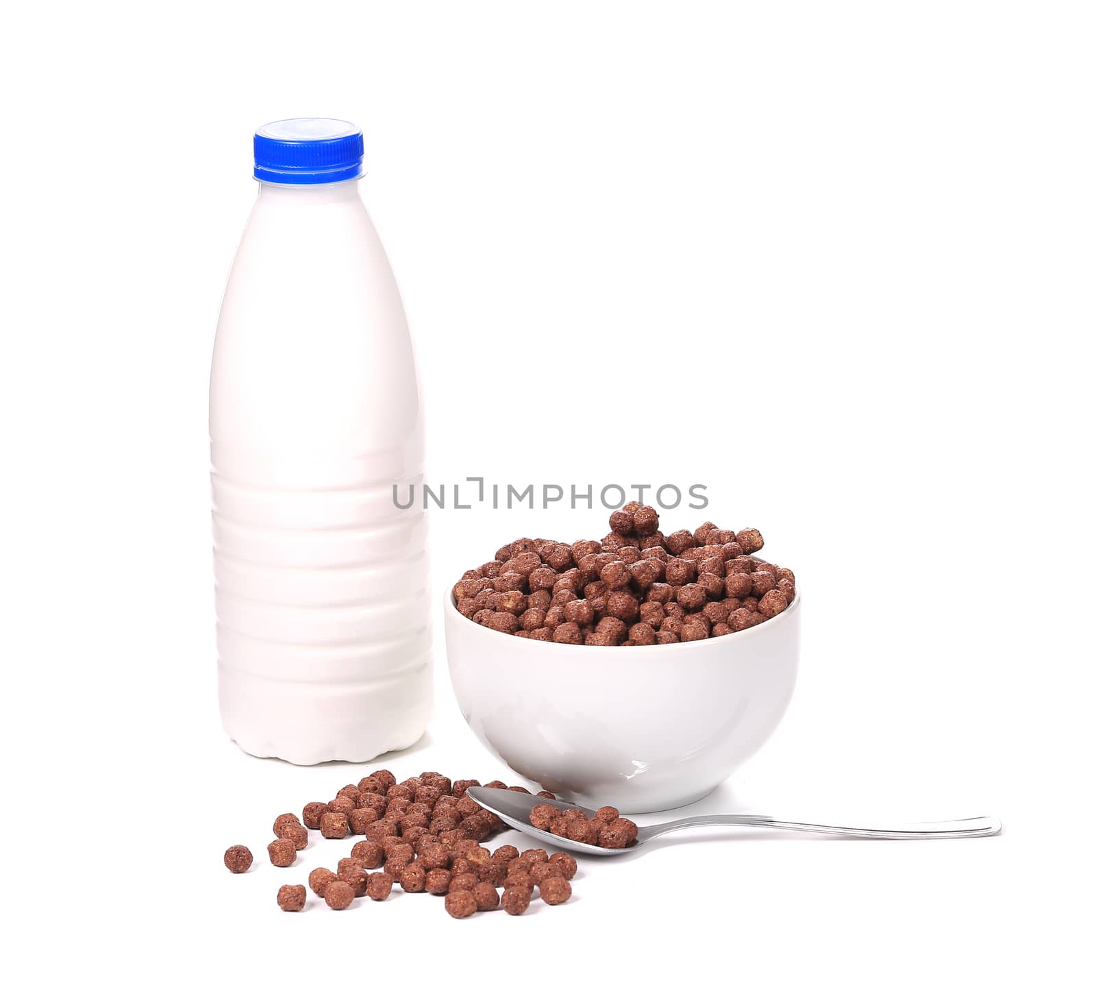 Bowl of corn flakes and milk. Isolated on a white background.