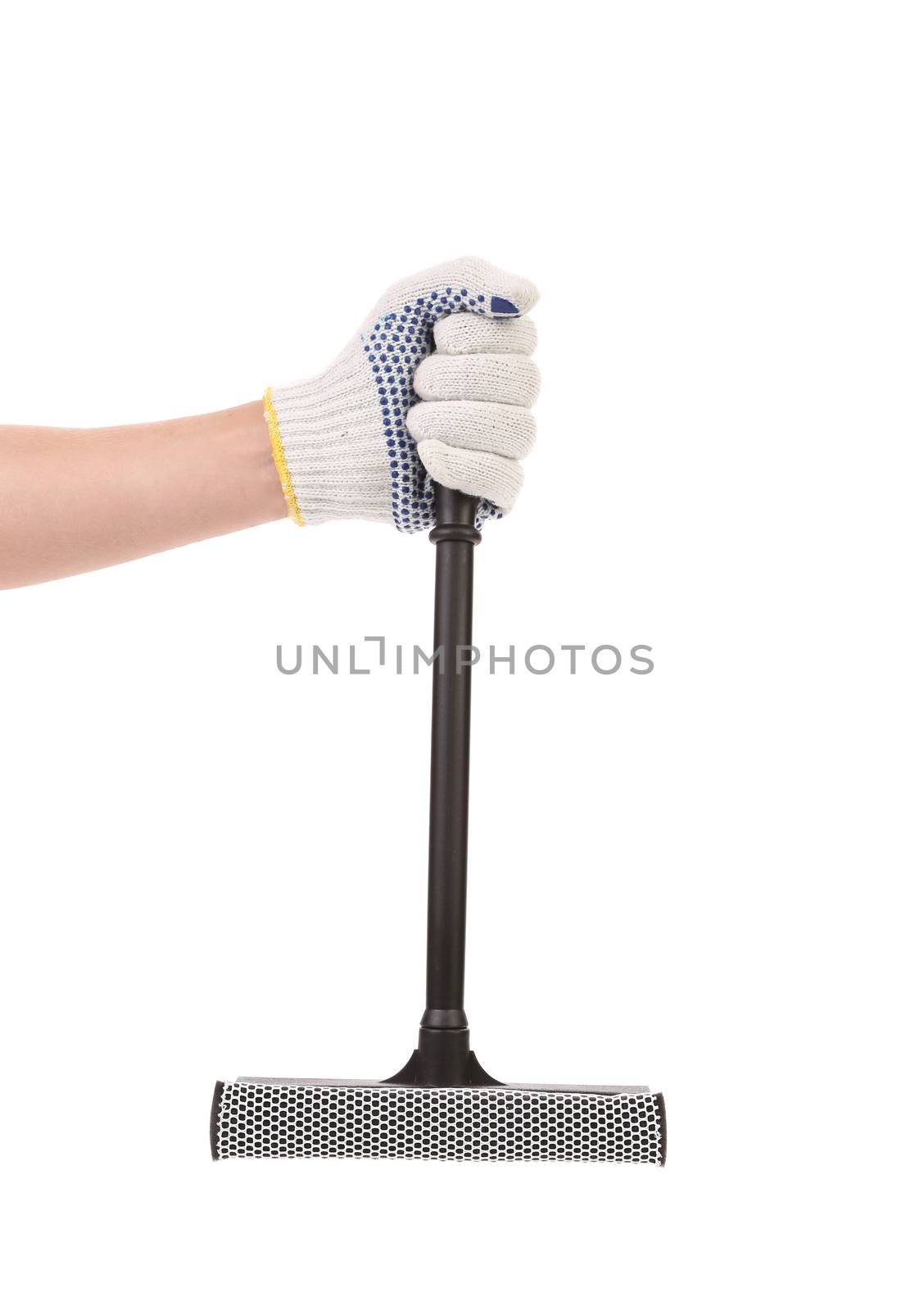 Hand holds squeegee for windows. Isolated on a white background.