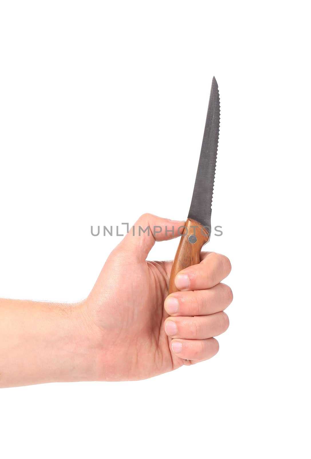 Hand holds knife. Isolated on a white background.