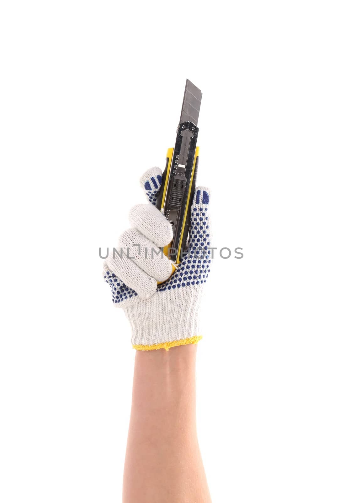 Hand in gloves holding knife. Isolated on a white background.