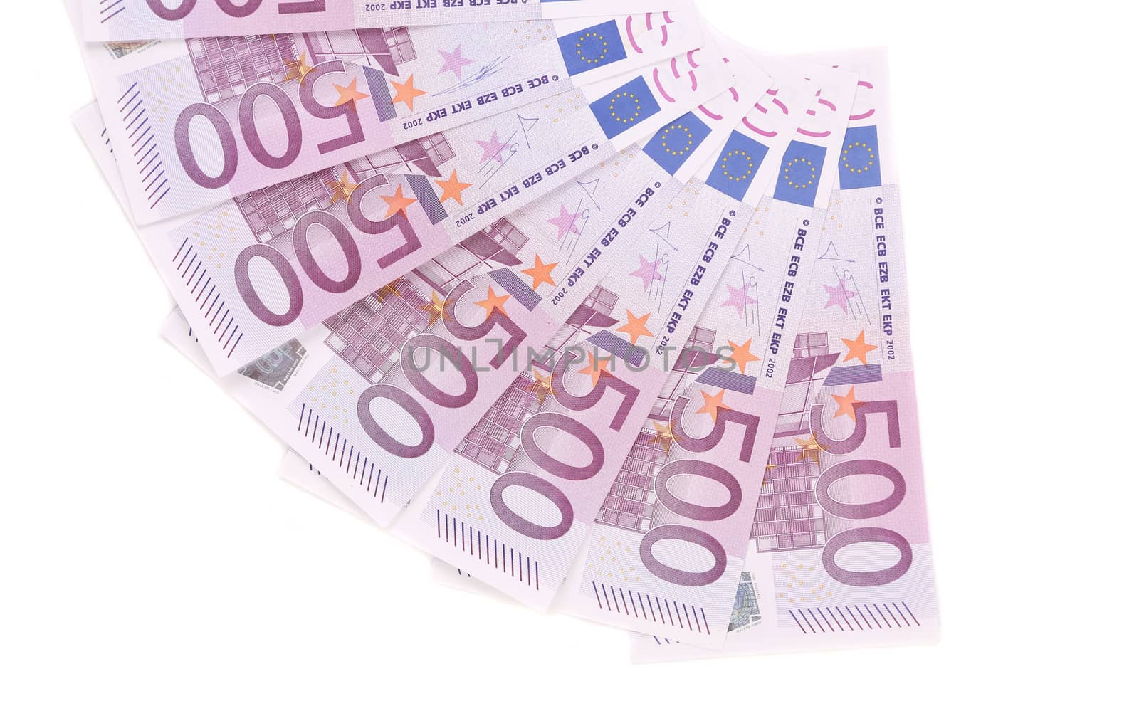 Banknotes on 500 euros laid out by a fan. Isolated on a white background.