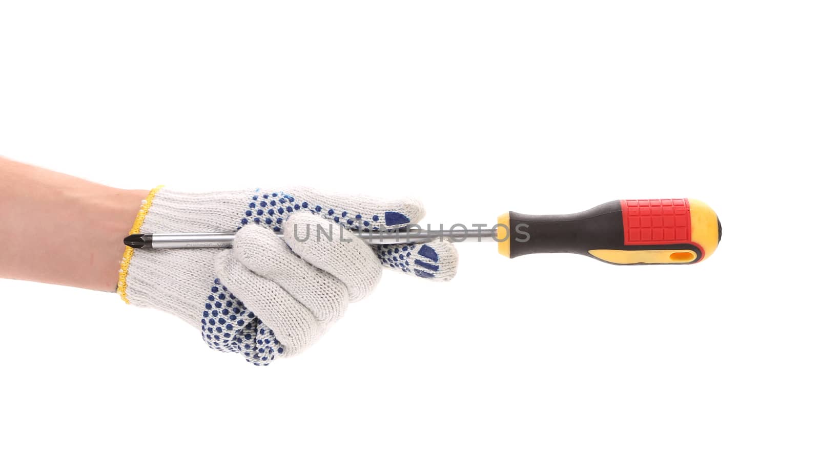 Hand holding screwdriver. Isolated on a white background.