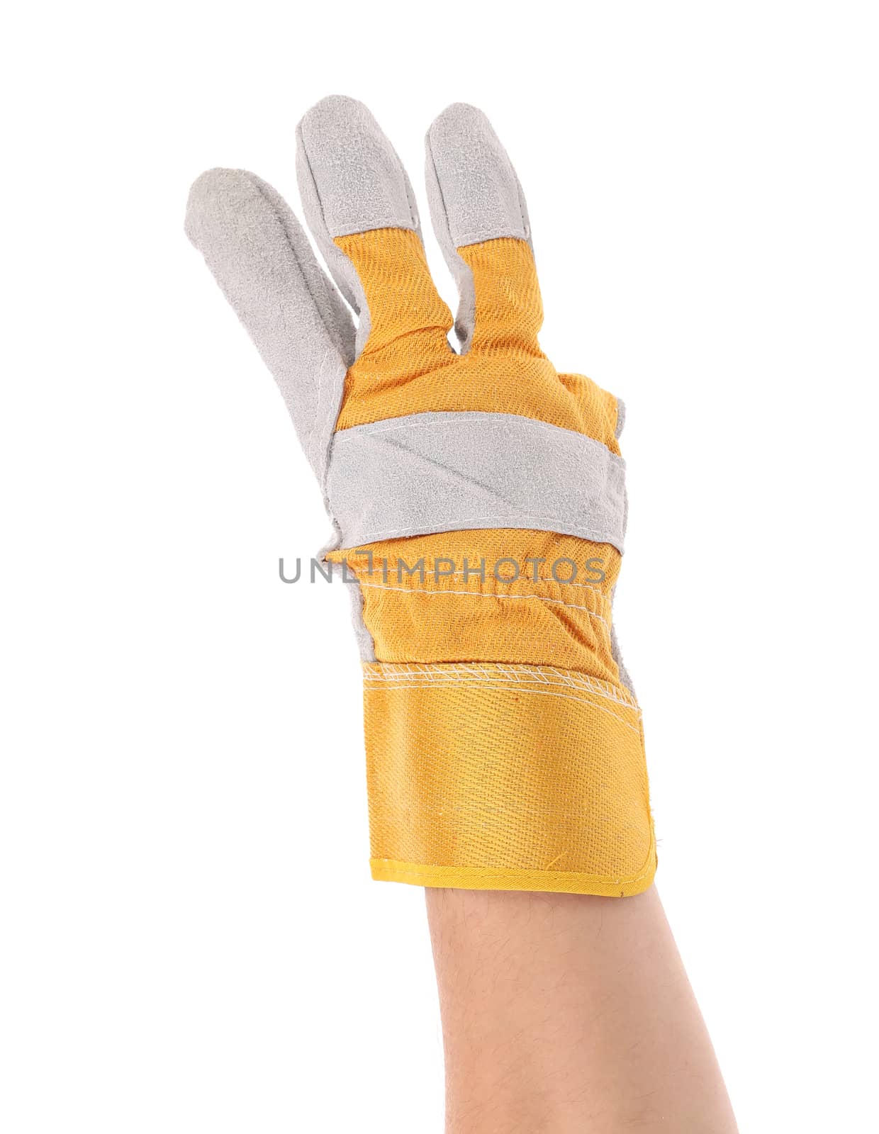 Gloved hand showing three finger. Isolated on a white background.