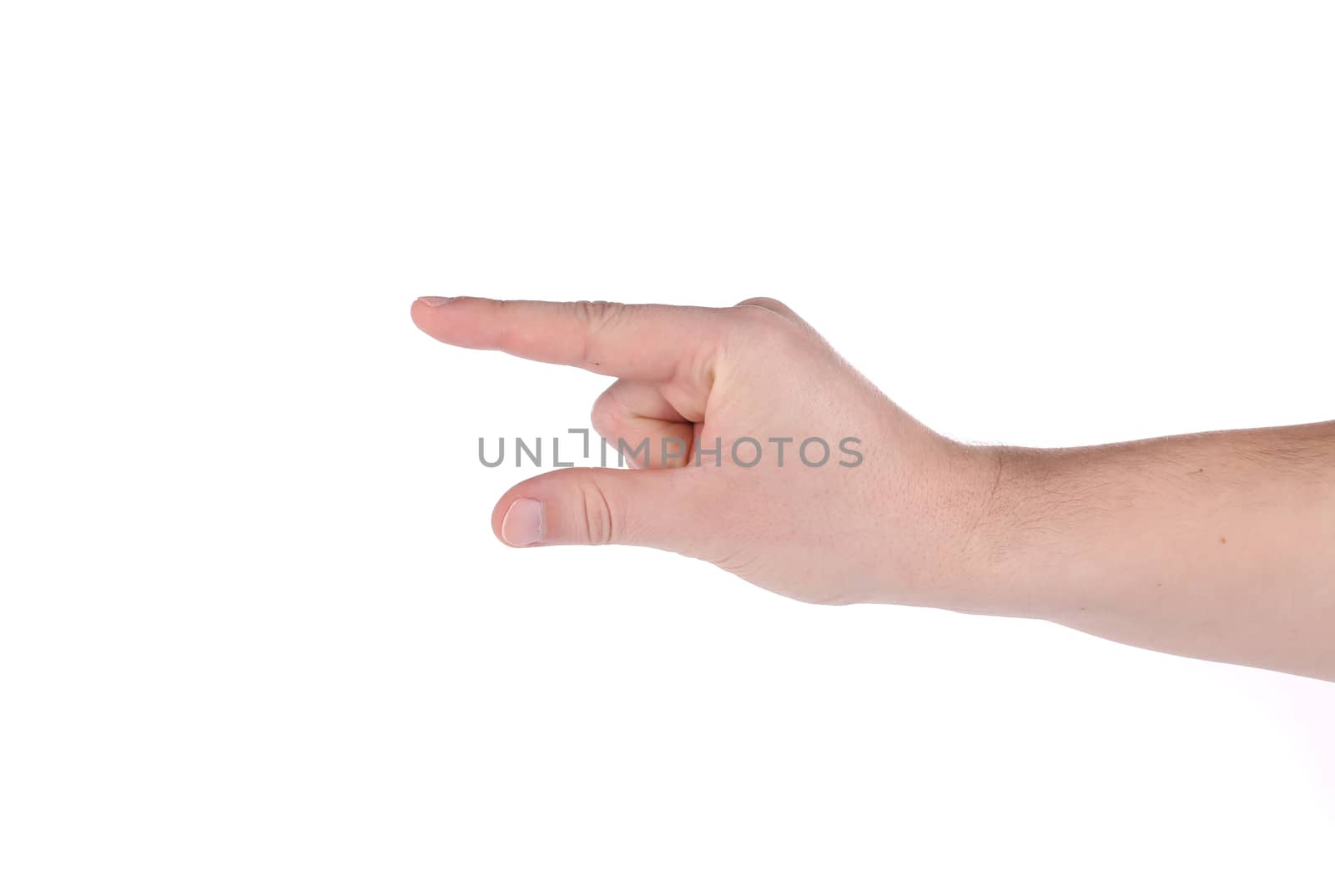 Male hand showing something small. Isolated on a white background.