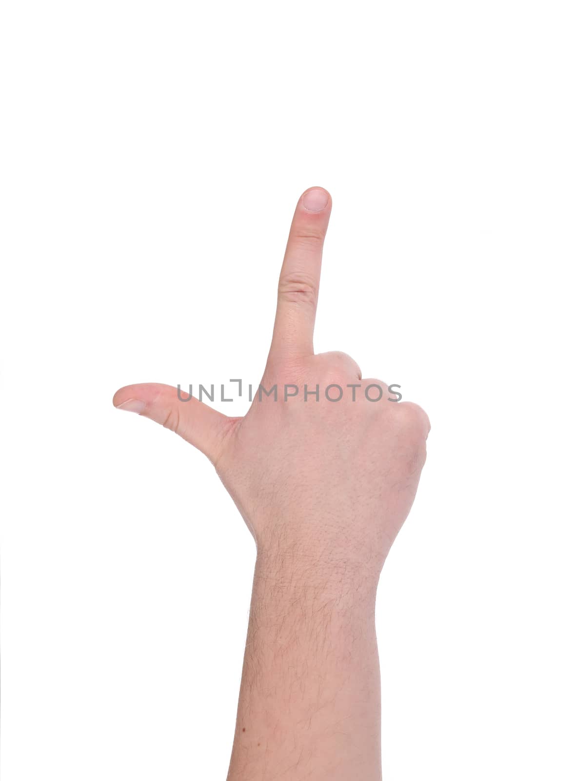 Male hand as a gun. Isolated on a white background.