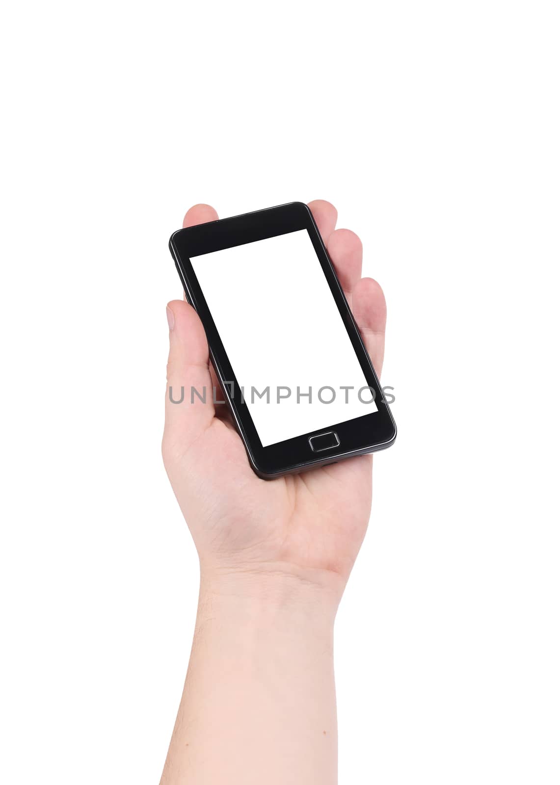 Hand holds cell phone with clipping path. Isolated on a white background.