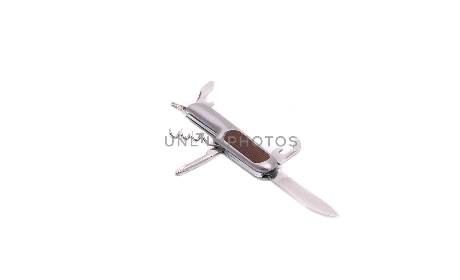 Multipurpose steel pocket knife opener. Isolated on a white background.