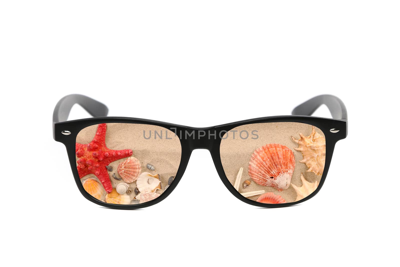 Sunglasses with sand reflection. Isolated on a white background.