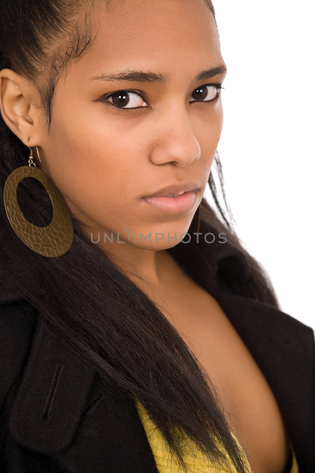 young beautiful woman closeup portrait, isolated on white