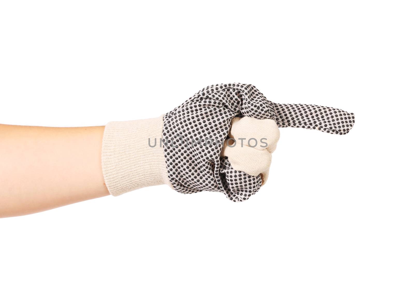 Hand in gloves shows one. Isolated on a white background.