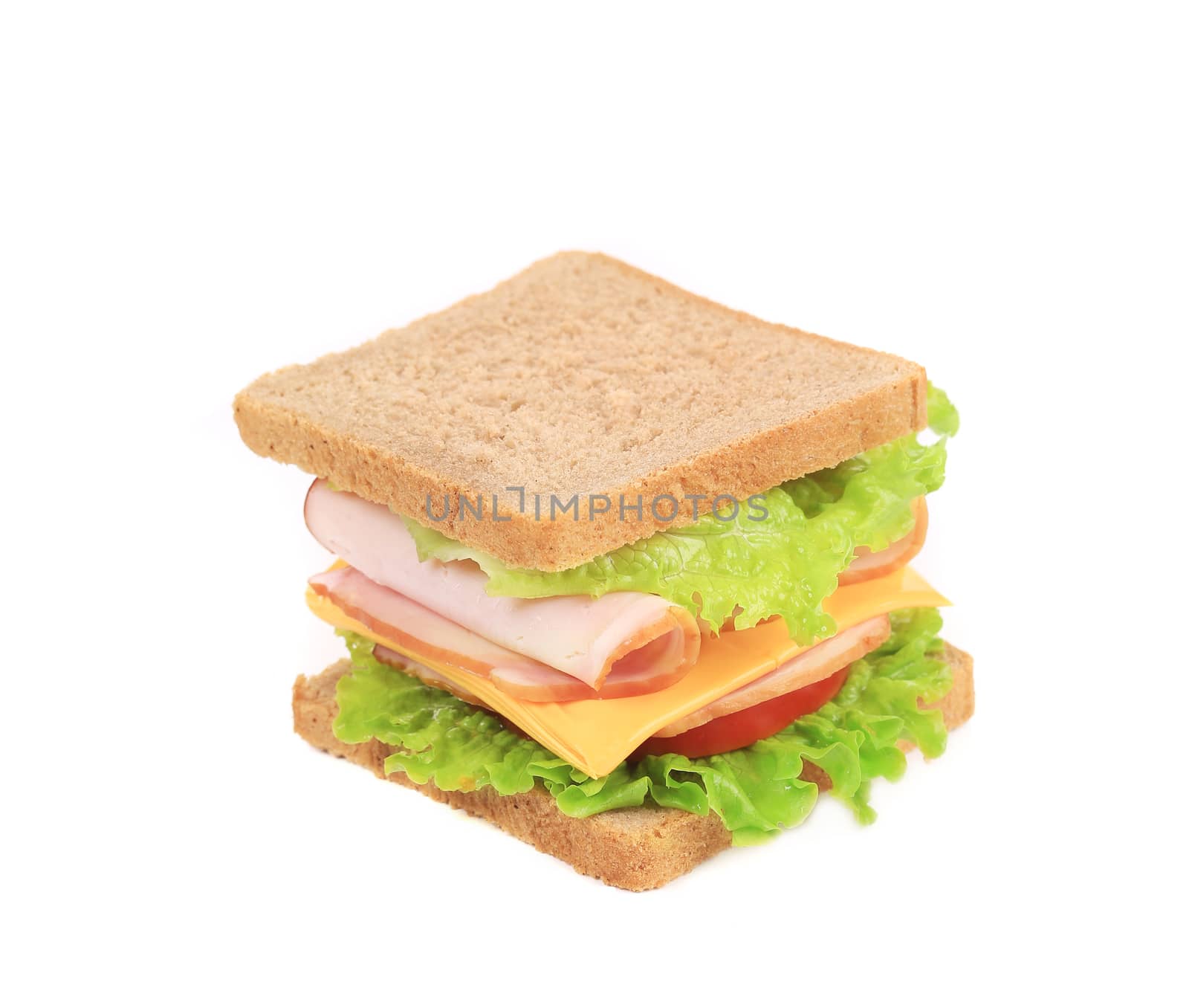 Sandwich with bacon and vegetables. Isolated on a white background.