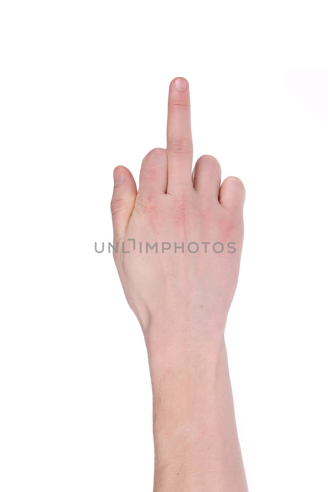 Man hand shows middle finger. Isolated on a white background.