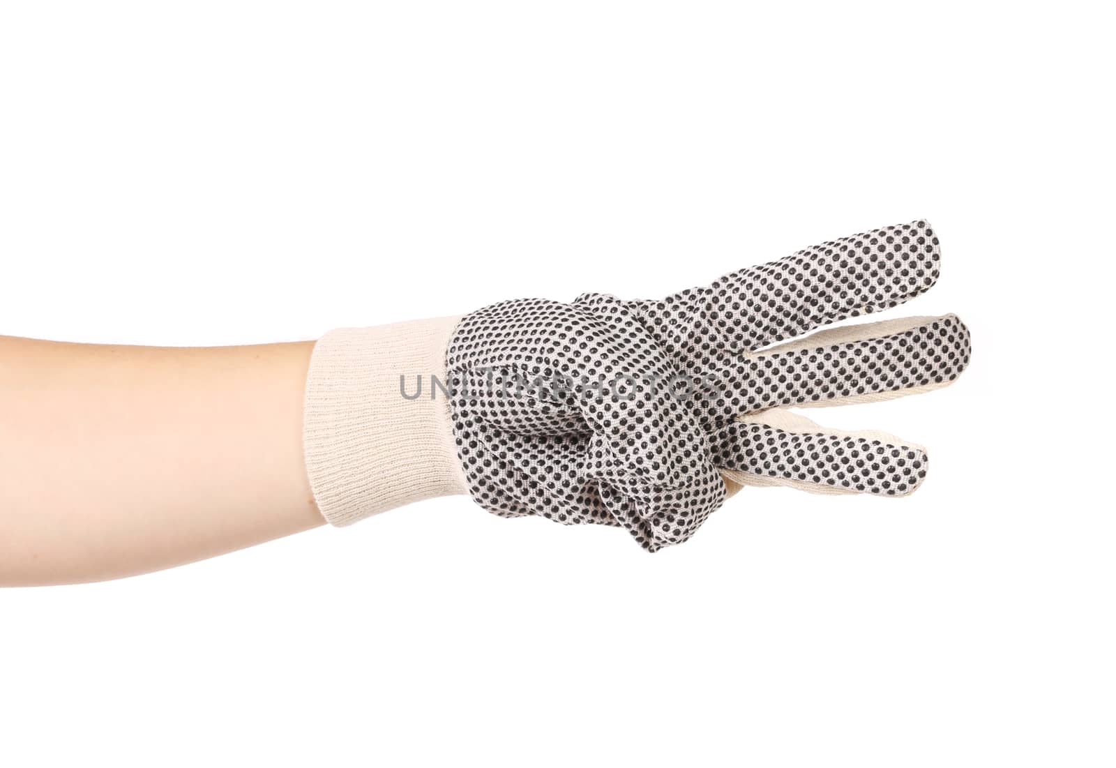 Hand in gloves shows three. Isolated on a white background.