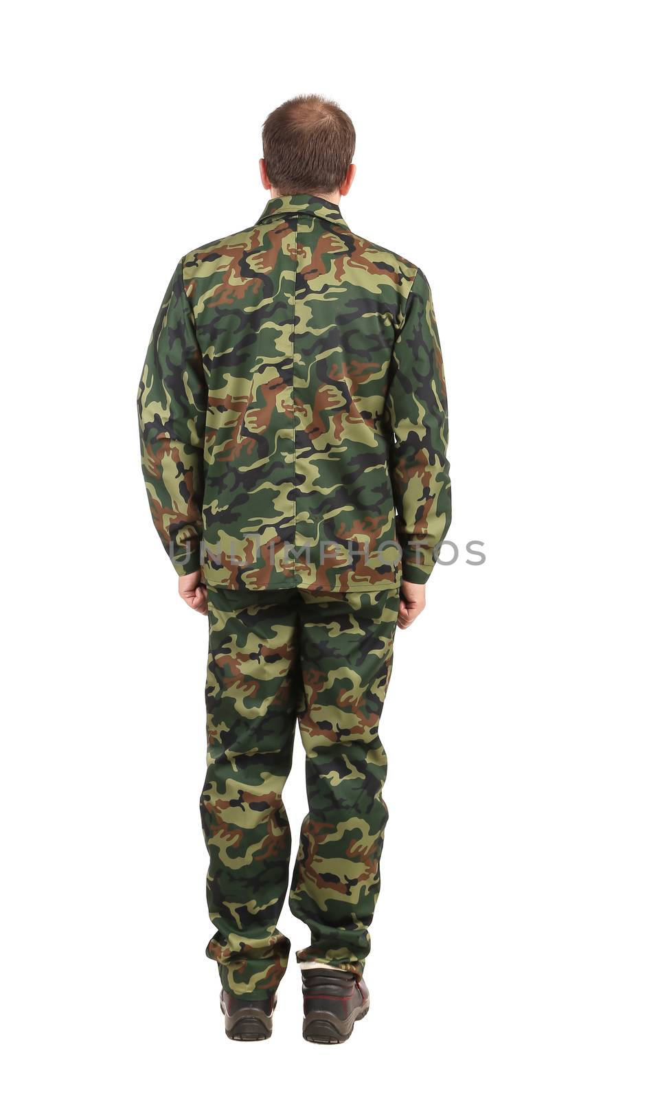 Back view of man in military suit. Isolated on a white background.