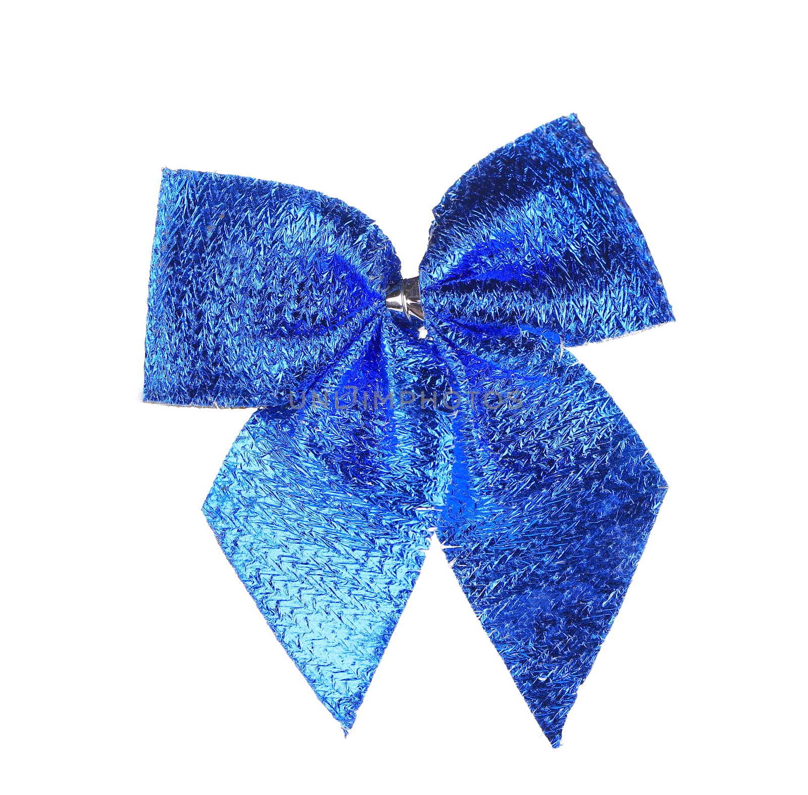 Blue bow made of ribbon. Isolated on a white background.