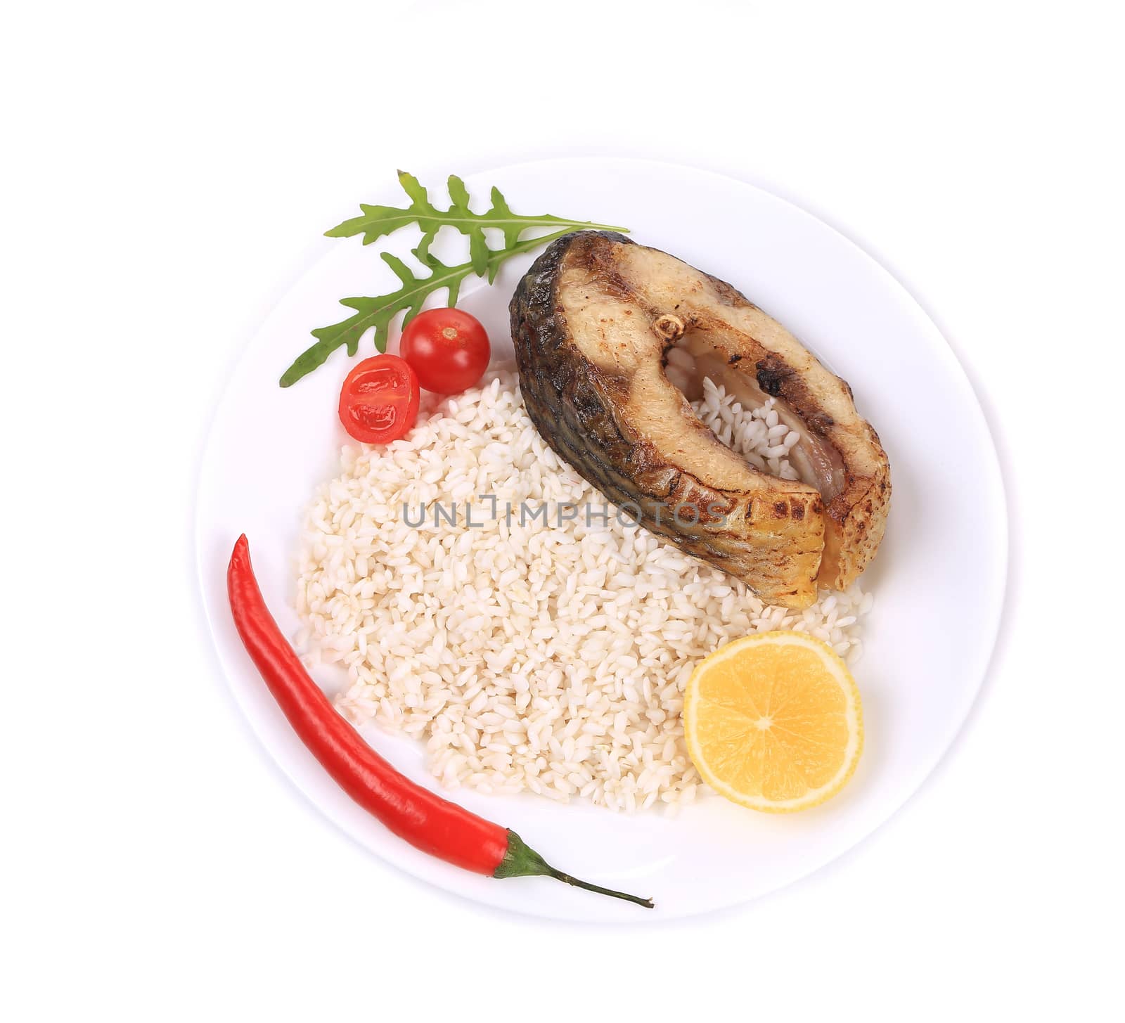 Grilled steak with rice. Isolated on a white background.