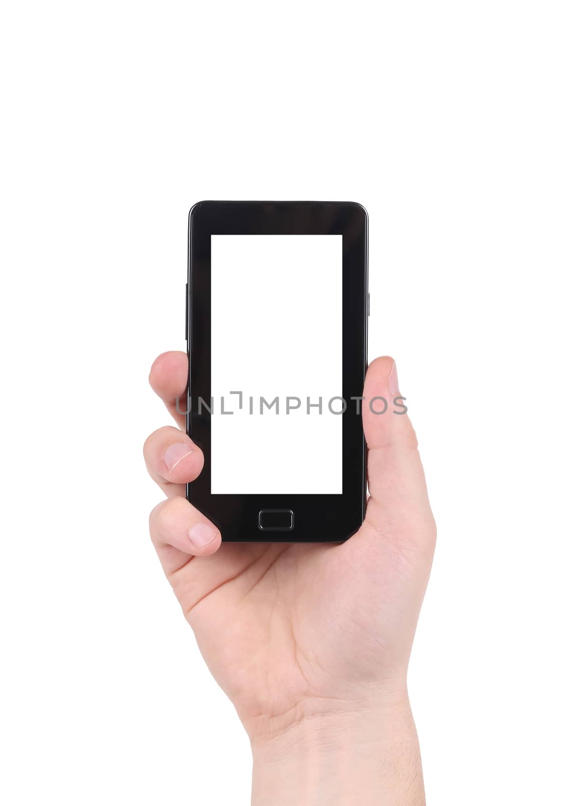 Hand holds cell phone with clipping path. Isolated on a white background.