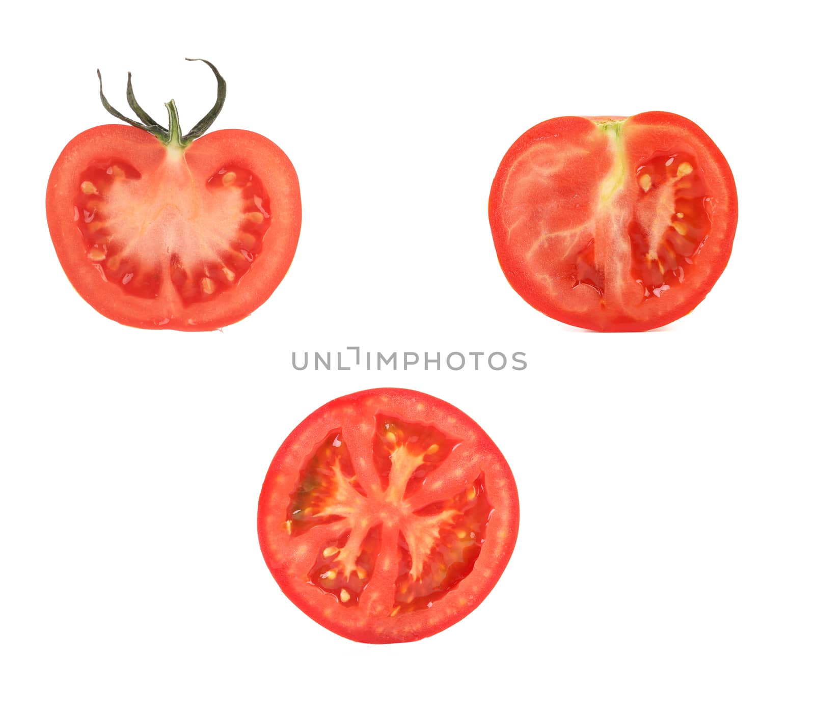 Tomato slices close up. Isolated on a white background.