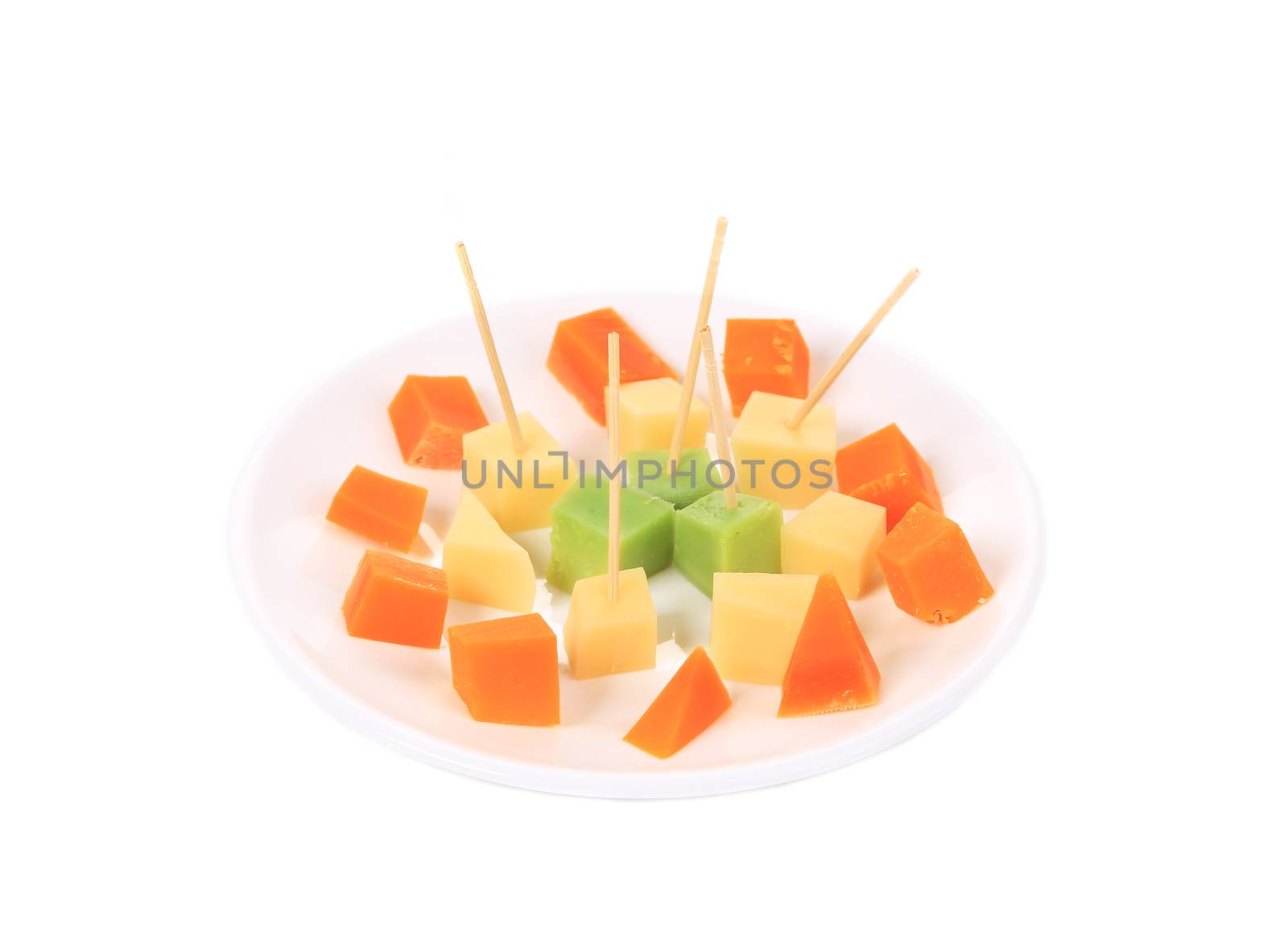 Various cheese on platter. Isolated on a white background.
