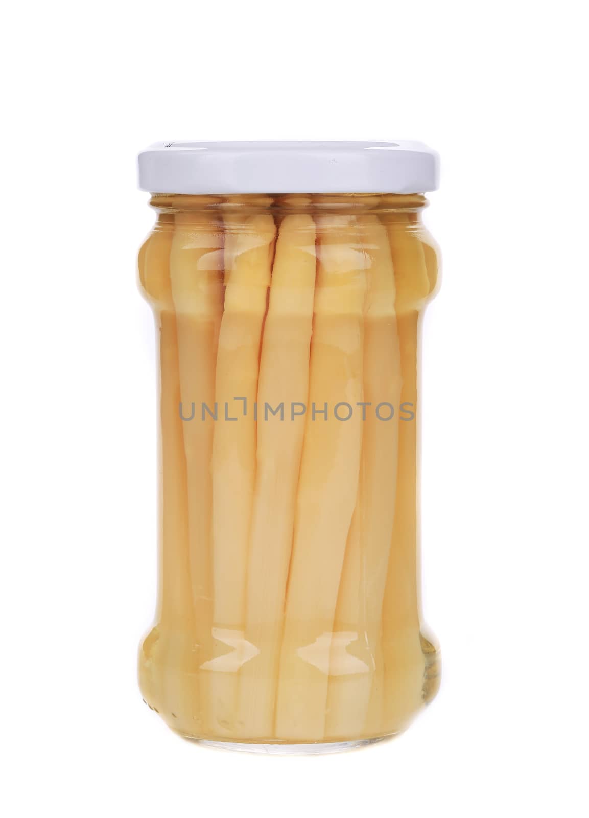 Marinated white asparagus. Isolated on a white background.