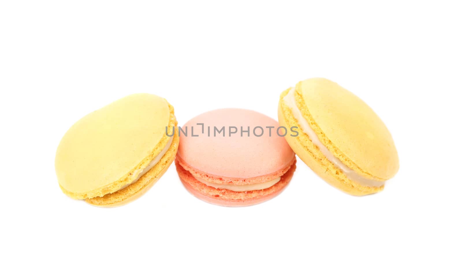 Close up of macaron cakes. Isolated on a white background.