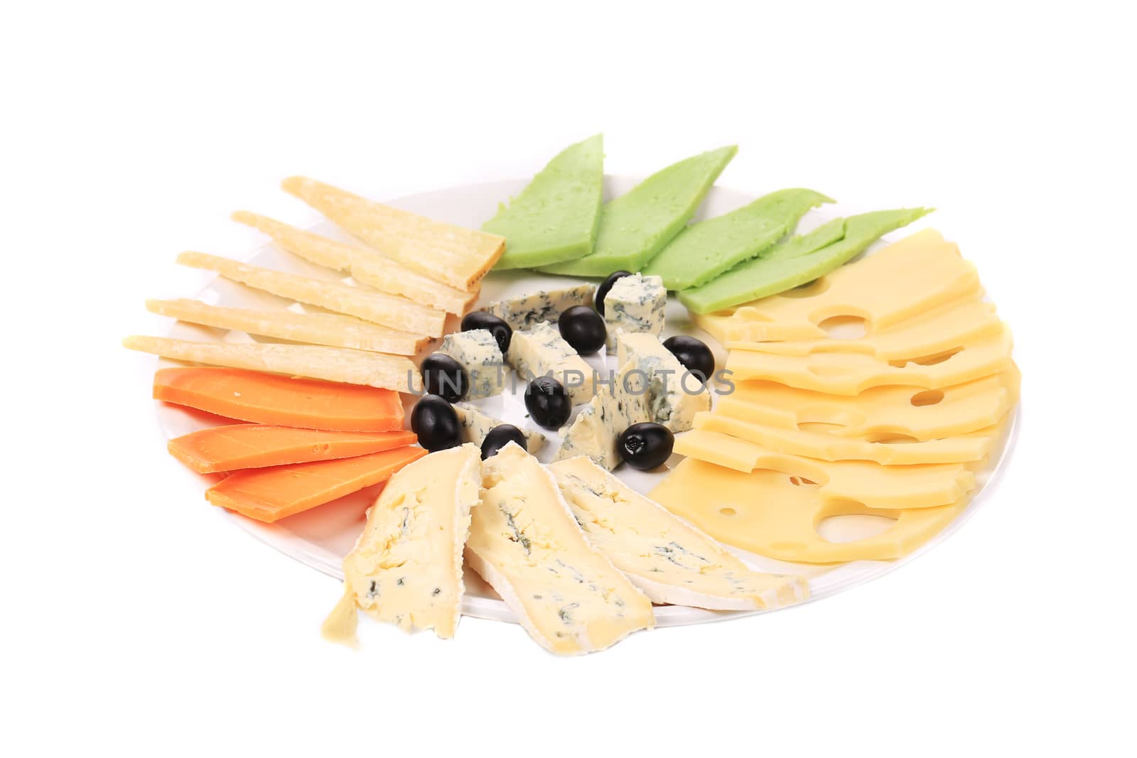 Various cheese on wooden platter. Isolated on a white background.