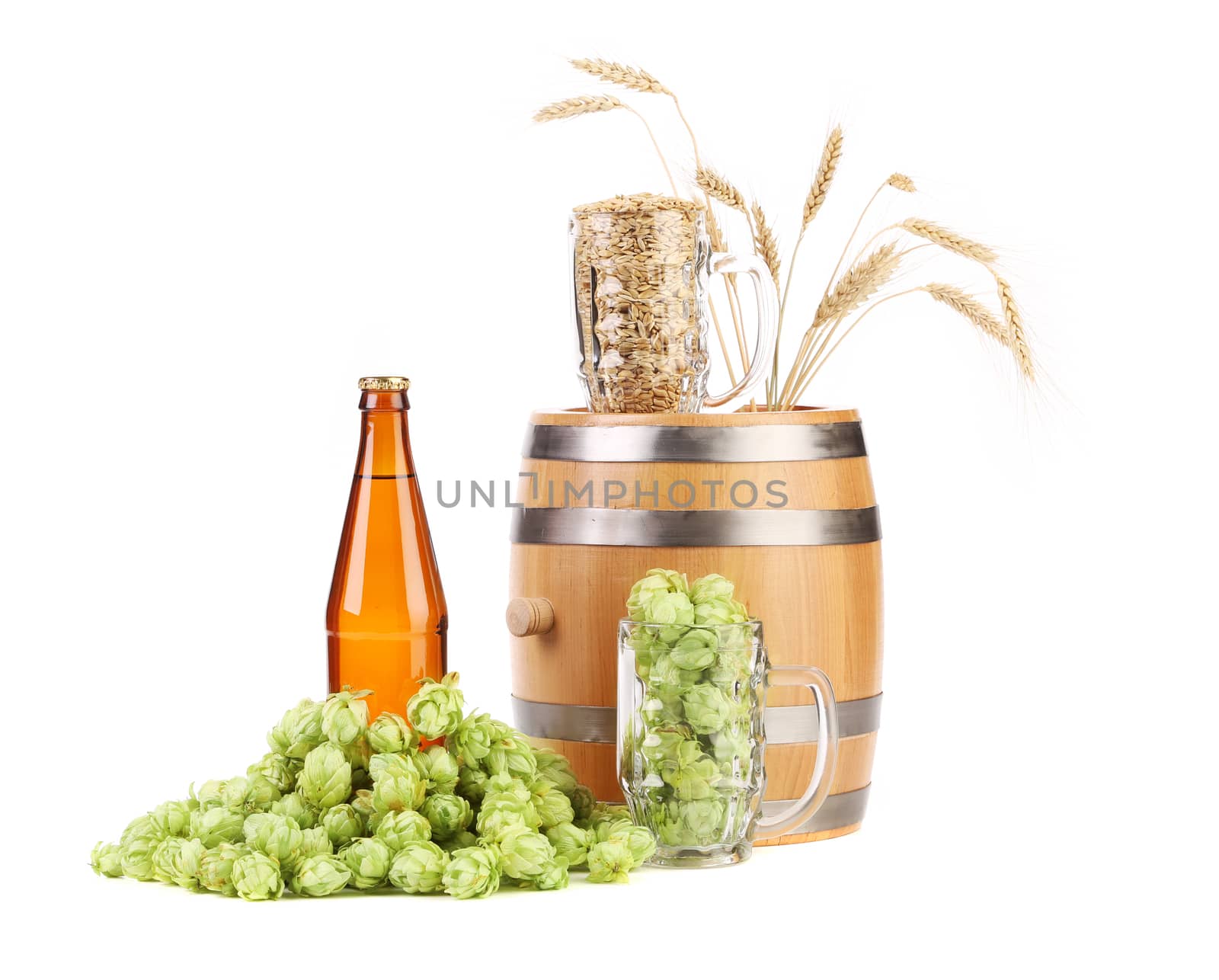Barrel mug with hops and bottle of beer. Isolated on a white background.