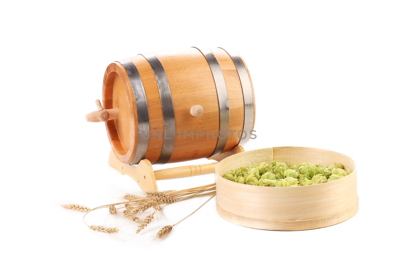 Barrel and sieve with hop. Isolated on a white background.