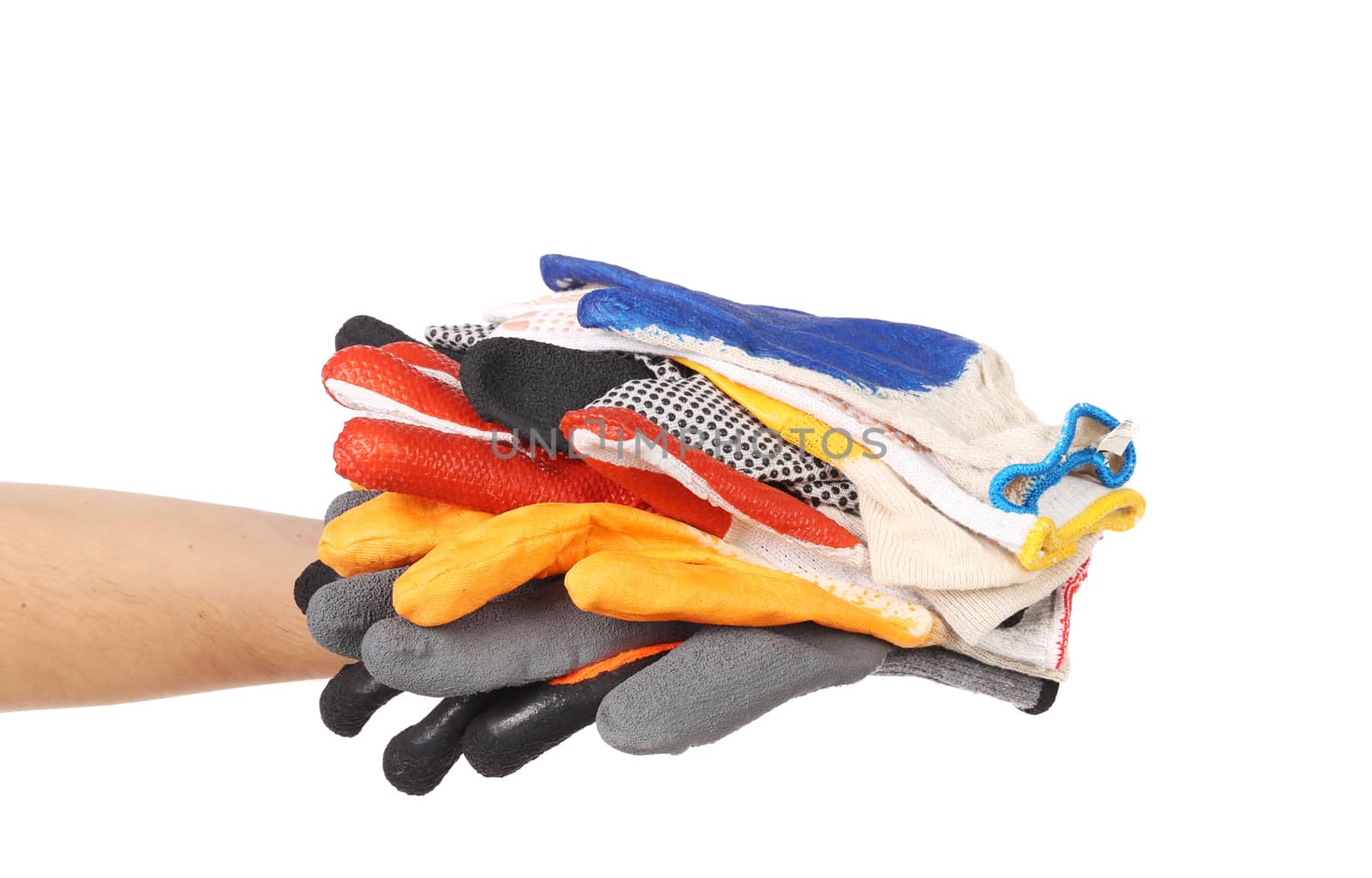 Different gloves in stack on a hand. Isolated on a white background