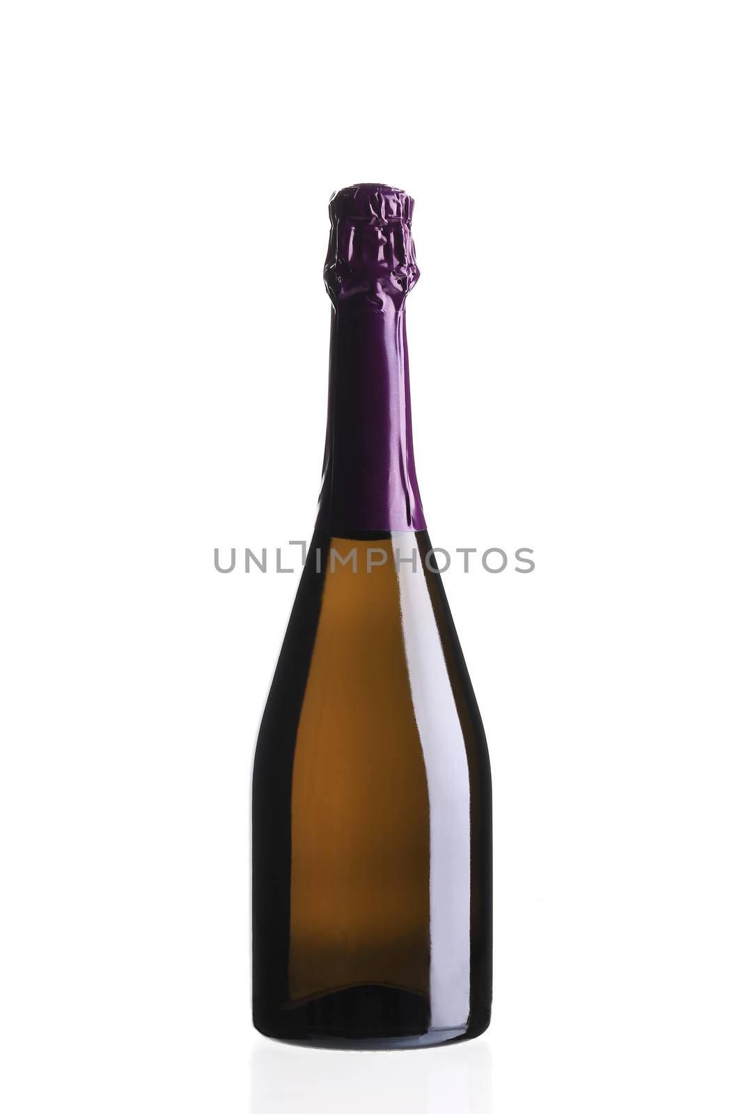 Bottle of champagne with violet top. Isolated on a white background.