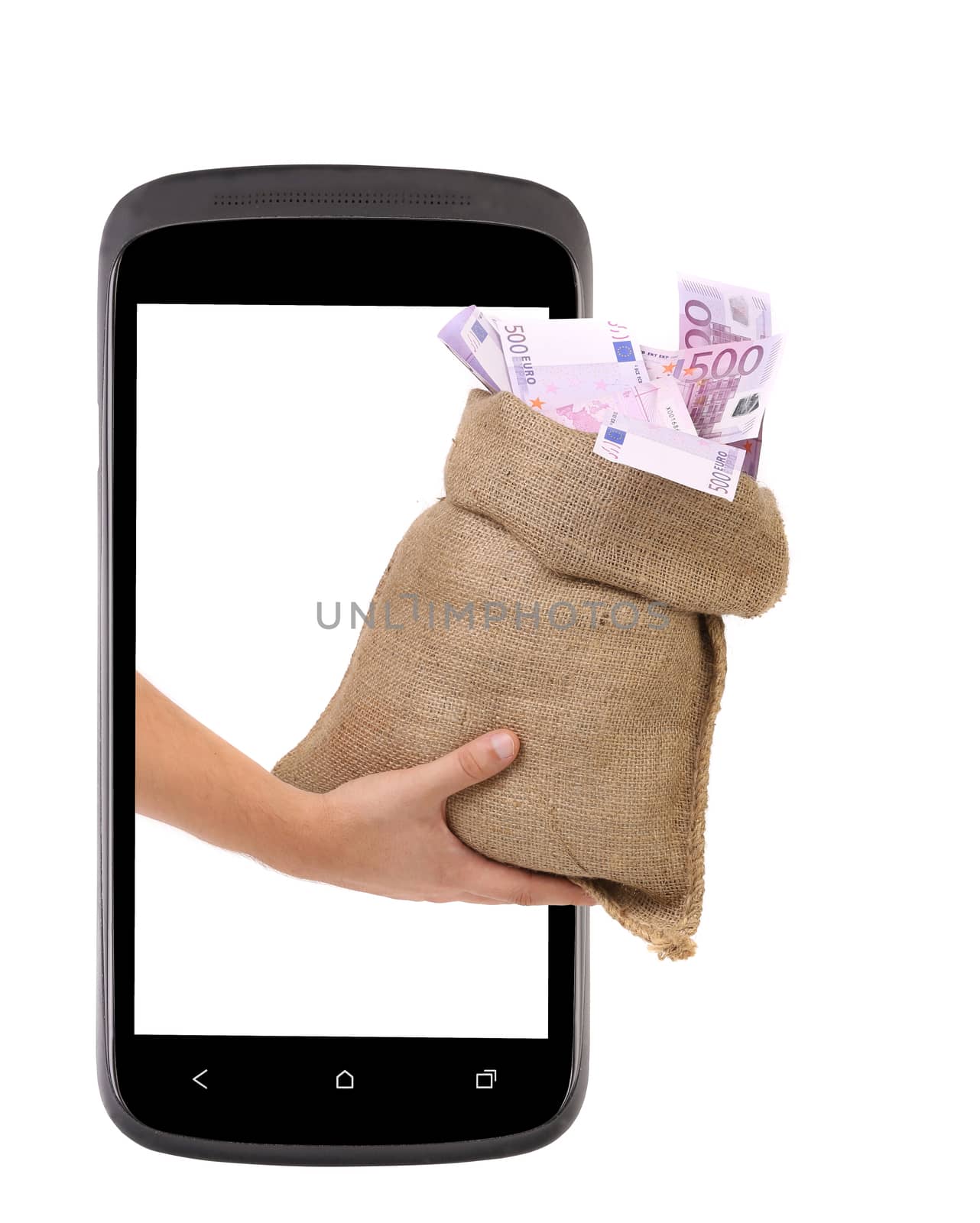 Hand with money bag from cell phone. by indigolotos