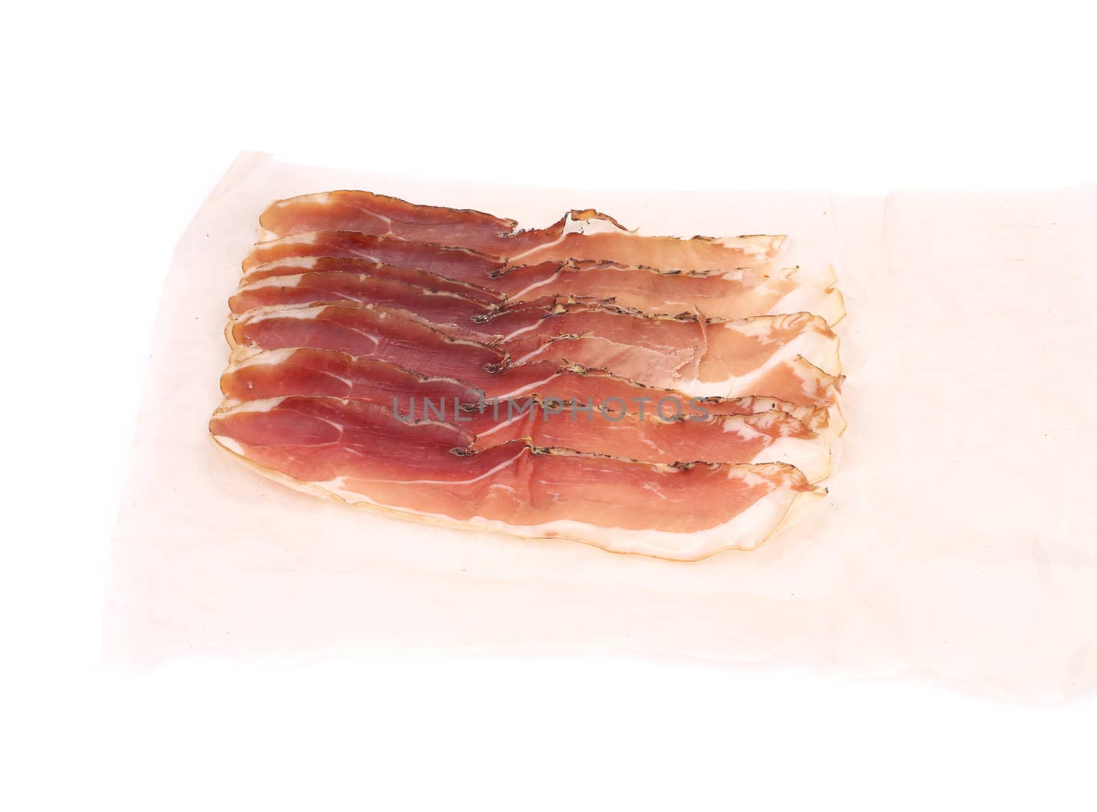 Slices of Delicious Prosciutto. Isolated on a white background.