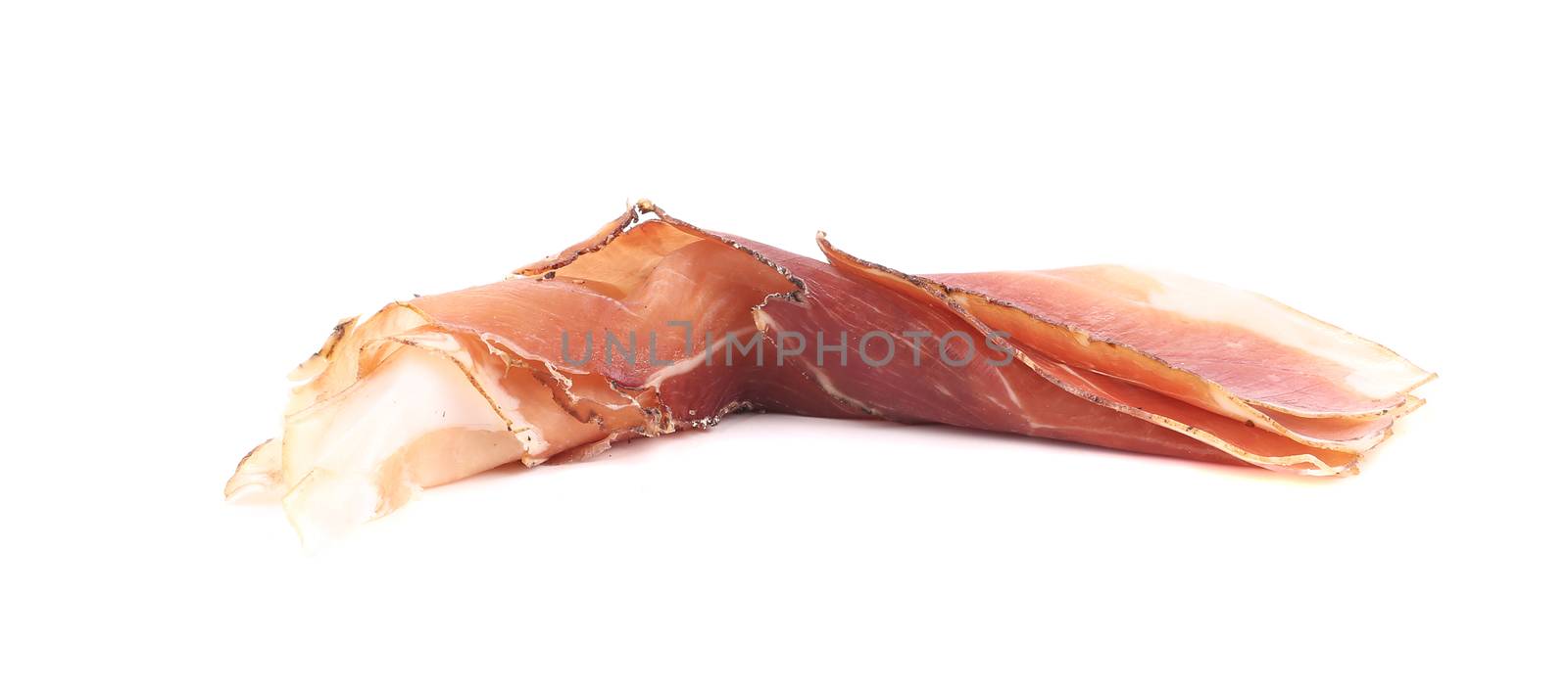 Rolled Slice of Delicious Prosciutto. Isolated on a white background.
