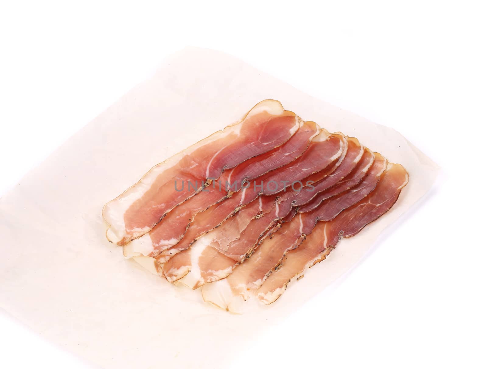 Slices of Delicious Prosciutto. Isolated on a white background.