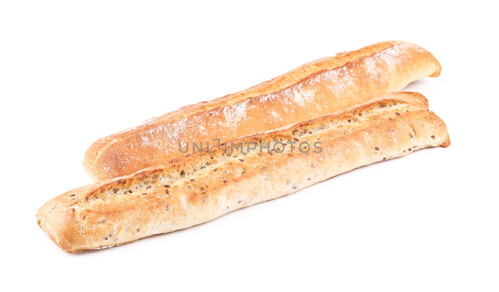 Crackling white bread with seeds. Isolated on a white background