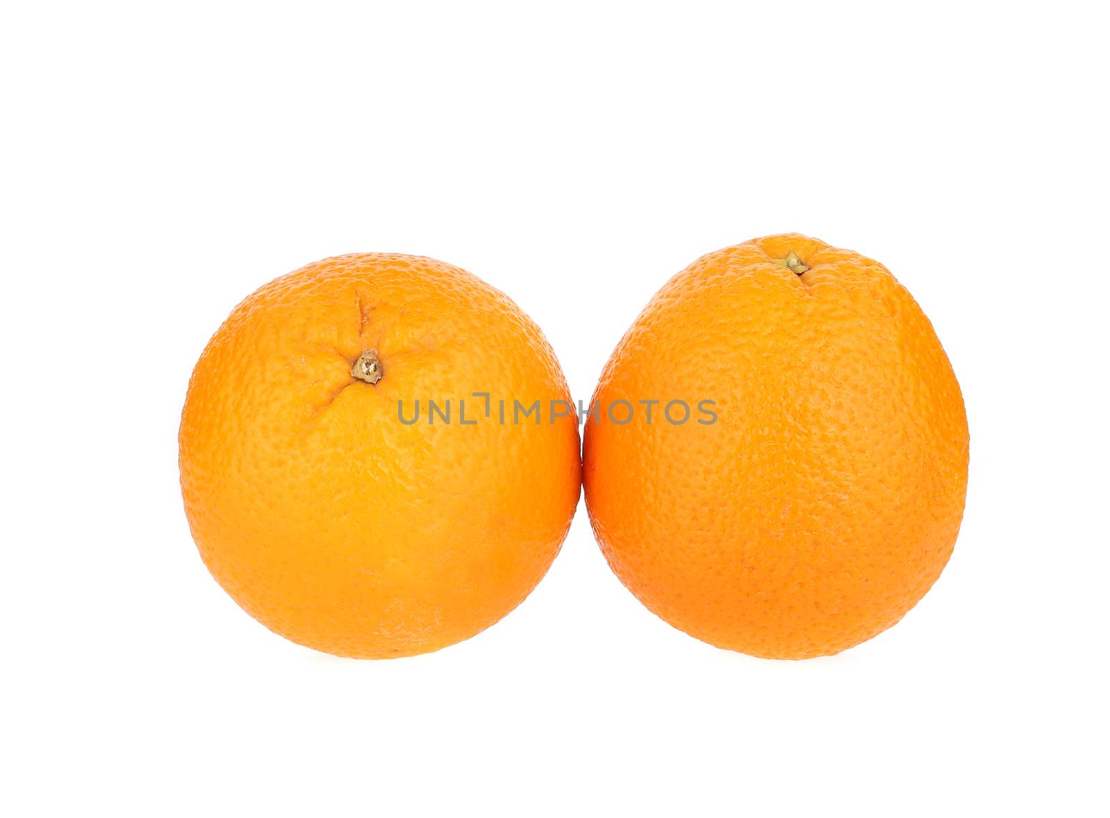 Close up of two ripe oranges. Isolated on a white background.